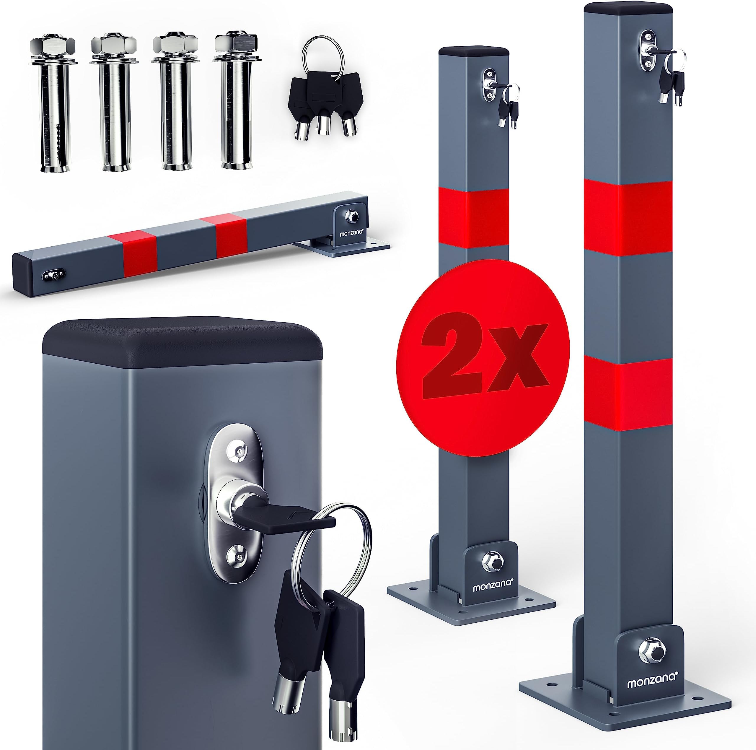 DEUBA® 2X Car Security Barrier for Driveways | Telescopic Retractable Parking Space Bollard | 3 Keys | Pre-Drilled Base Plate, Reflective Strips