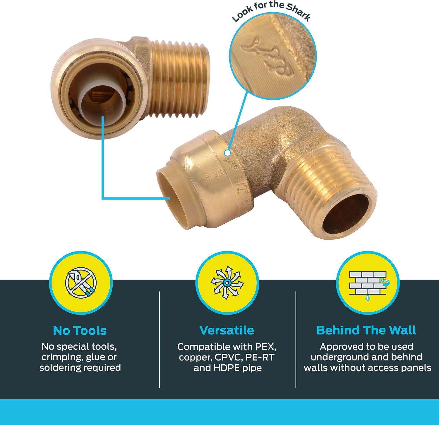 SharkBite 1/2 Inch x 1/2 Inch 90 Degree Male Adapter Elbow, Push to Connect Brass Plumbing Fitting, PEX Pipe, Copper, CPVC, PE-RT, HDPE, U280LFA