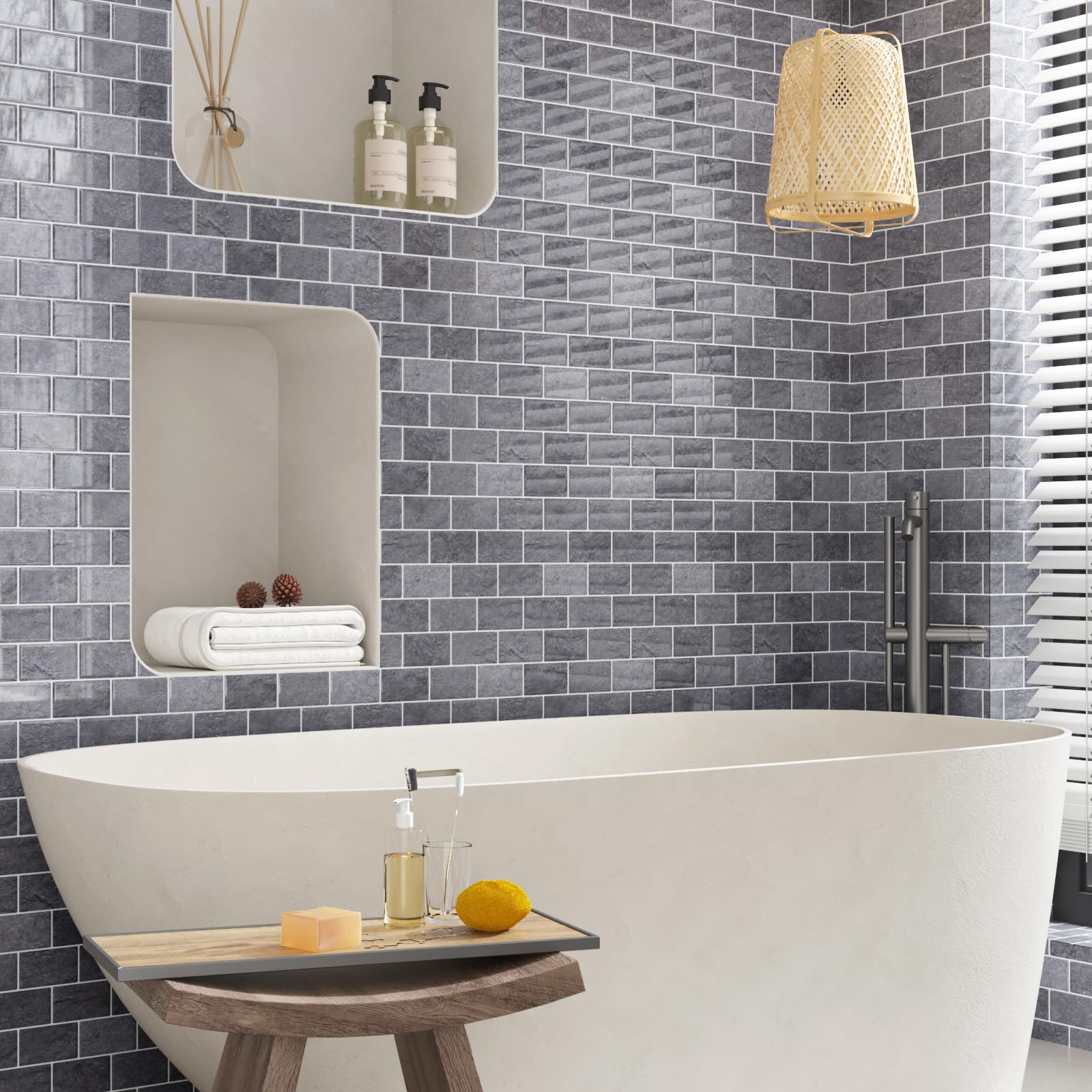 CRE8TIVE 16 Pezzi Piastrelle Adesive Effetto Cemento Grigio Mattonelle Adesive Cucina Autoadesiva Rettangolare Paraschizzi Cucina Piastrelle Adesive Bagno Impermeabile per Lavanderia 30.5cm x 30.5cm