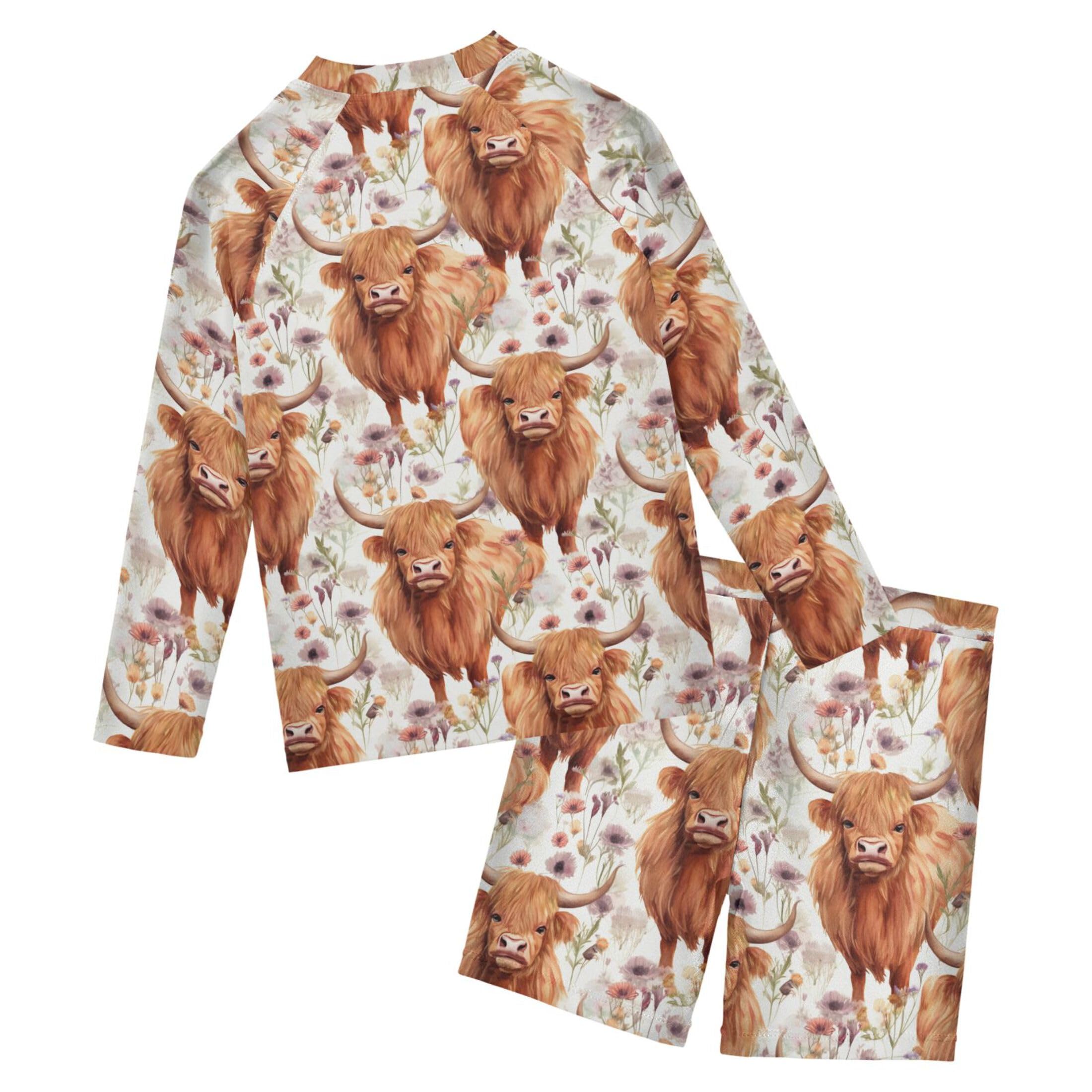 Highland Cow Flowers Animal Baby Boys' Toddler Long Sleeved Rashguard Swim Bathing Suit Set B0403277