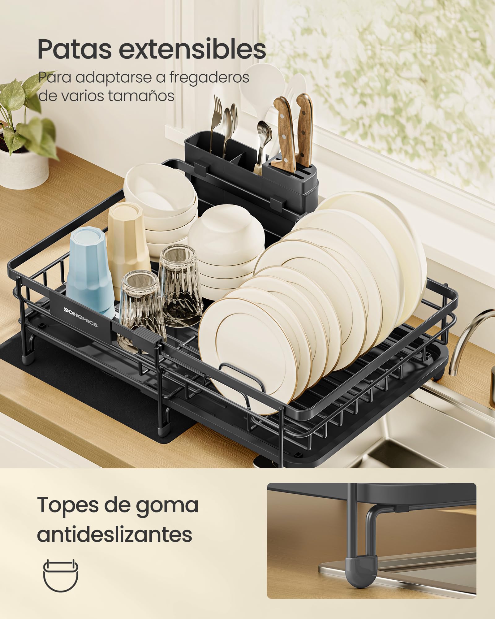 SONGMICS Escurreplatos para Espacios Reducidos, Escurridor de Platos de Cocina Extensible, Boquilla Extensible y Giratoria 360°, Acero, (30,2-46,5) x 29,6 x 14 cm, Gris Antracita KCS556GT01