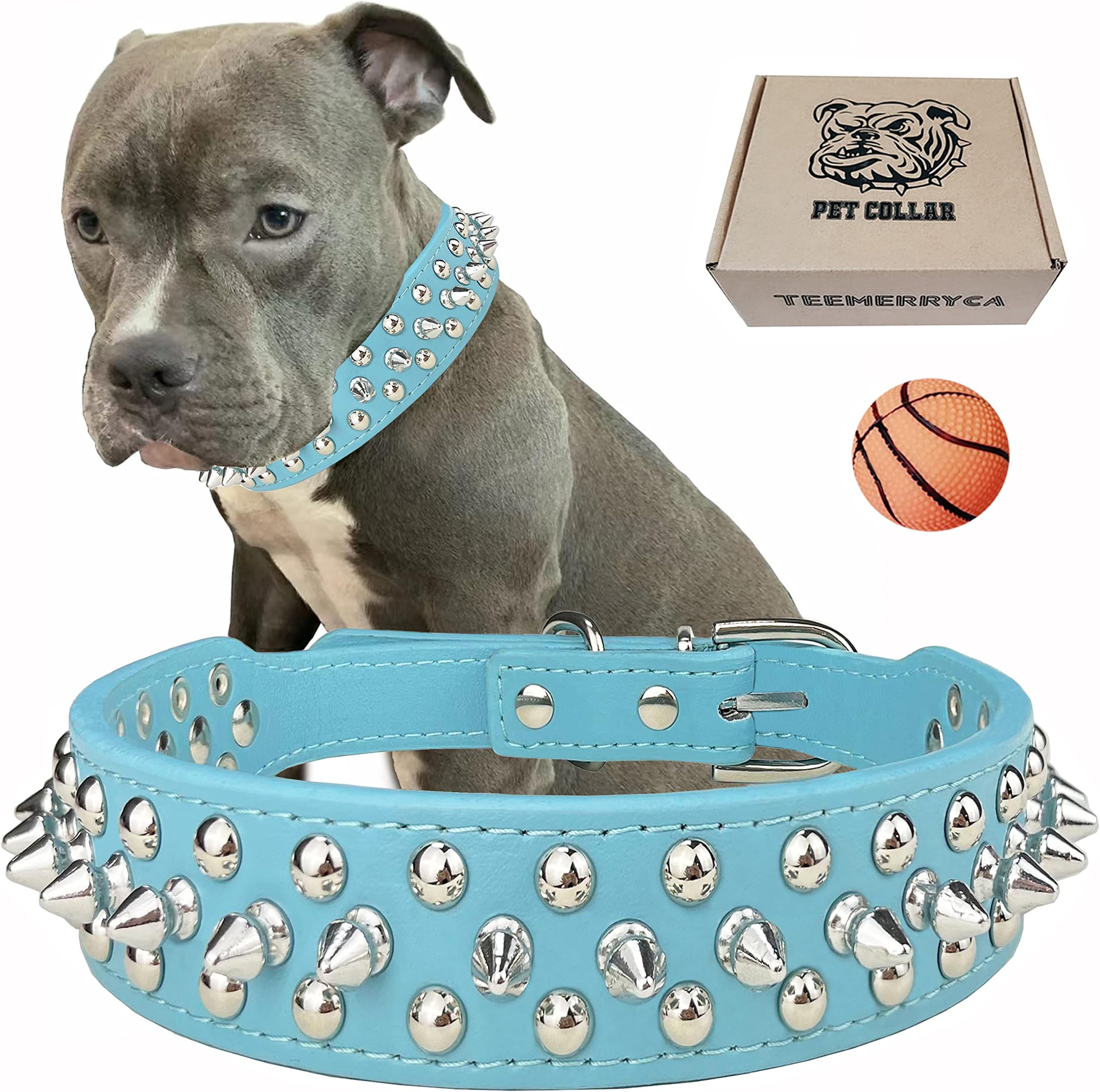 TEEMERRYCA Adjustable Microfiber Leather Spiked Studded Dog Collars with a Squeak Ball Gift for Small Medium Large Pets Like Cats/Pit Bull/Bulldog/Pugs/Husky, Blue, L(15"-18.5")