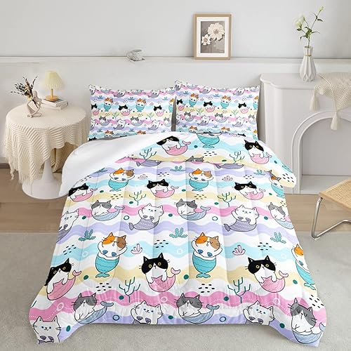 Miniatura 3 de CVHOUSE Juego de edredón Kawaii de gato, tamaño individual, juego de ropa de cama Kawaii de dibujos animados para niños, lindo juego de edredón de