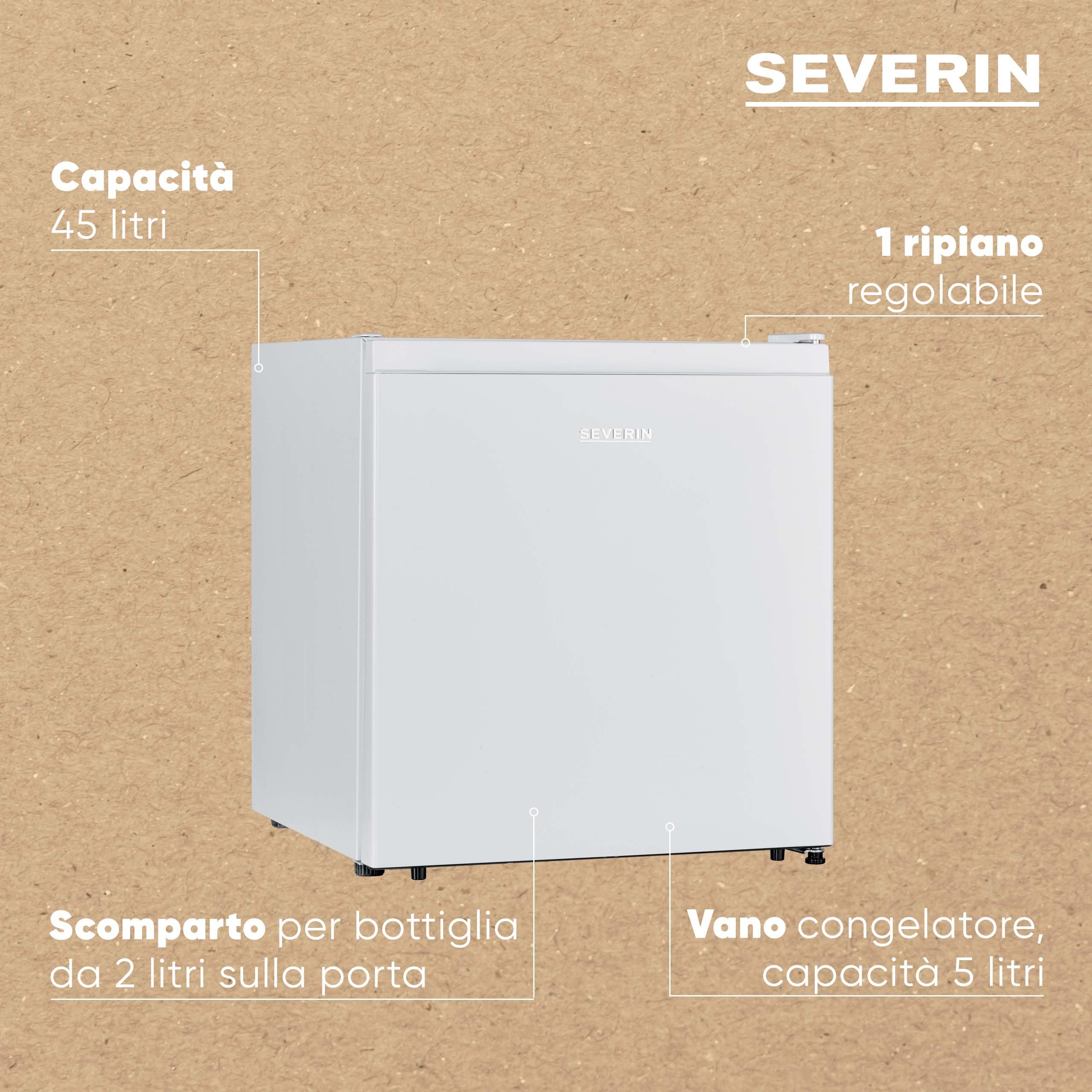 SEVERIN Mini Frigo Bianco, 45 Litri, Scomparto Freddo 6L, Silenzioso (40 dB), Compressore, Classe E, Porta Reversibile, Portabottiglie 2L, 50,0 x 44,5 x 46,8 cm - KB 8884