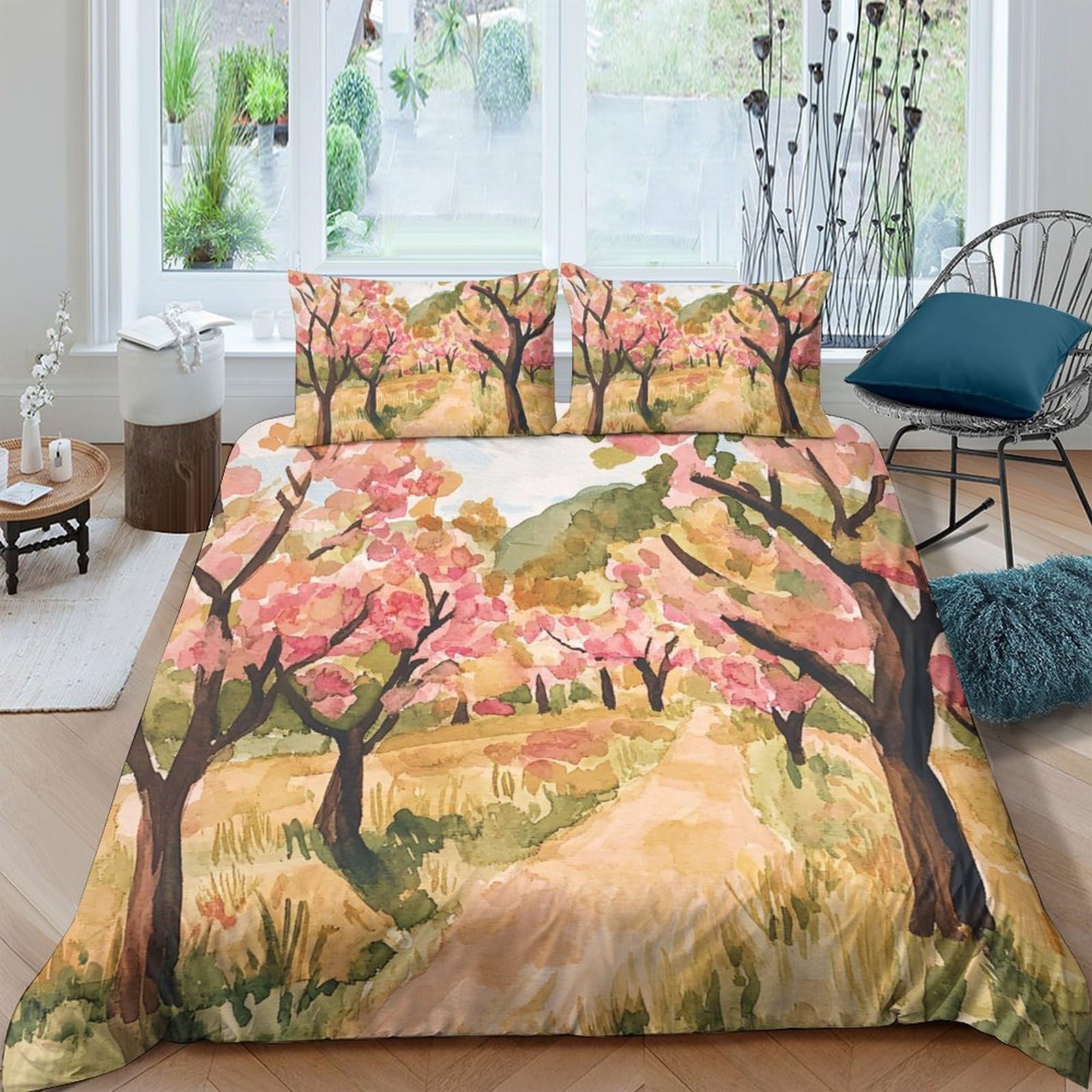 Ctjqhvkz Style-9 3D Printed Blossom Path Fitted Sheet Microfiber Peach Orchard Bed Cover For Bedroom Guest Room Decor Easy Care Single（135X200cm）