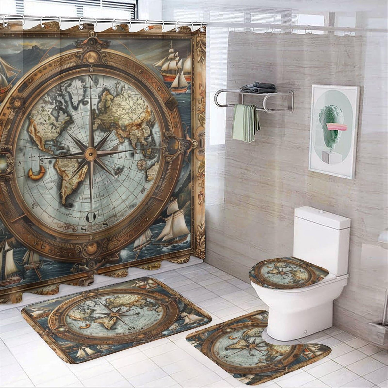 TOWINSFB 4Pcs Vintage World Map Compass Shower Curtain Set with Toilet Lid Cover Non-Slip Rugs for Bathroom, Ocean Antique Nautical Sailboat Shower