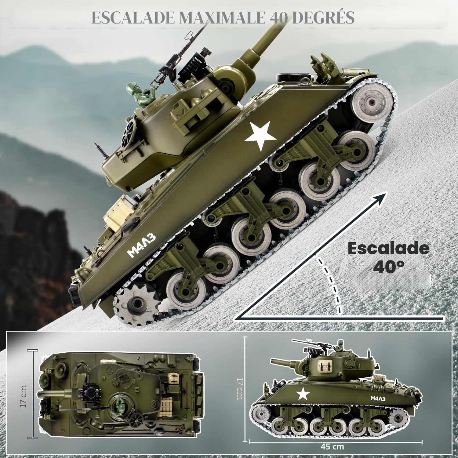 Tank Telecommande US M4A3, Modèle char de Combat 1/18, Réservoir Télécommandé 2.4Ghz, Maquette Char Jouets Avec Fumée, LumièRes, Son et Recul pour Enfants et Adultes, Réservoir Télécommandé Tir BBS