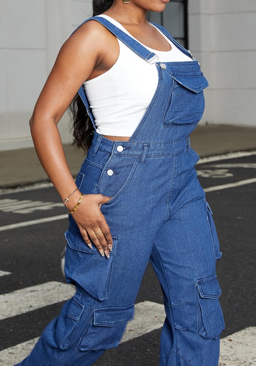 Vaceky Baggy Cargo Denim Overalls Women Adjustable Bib Apron Pants with Side Buttons, Multi-pockets - Image 6