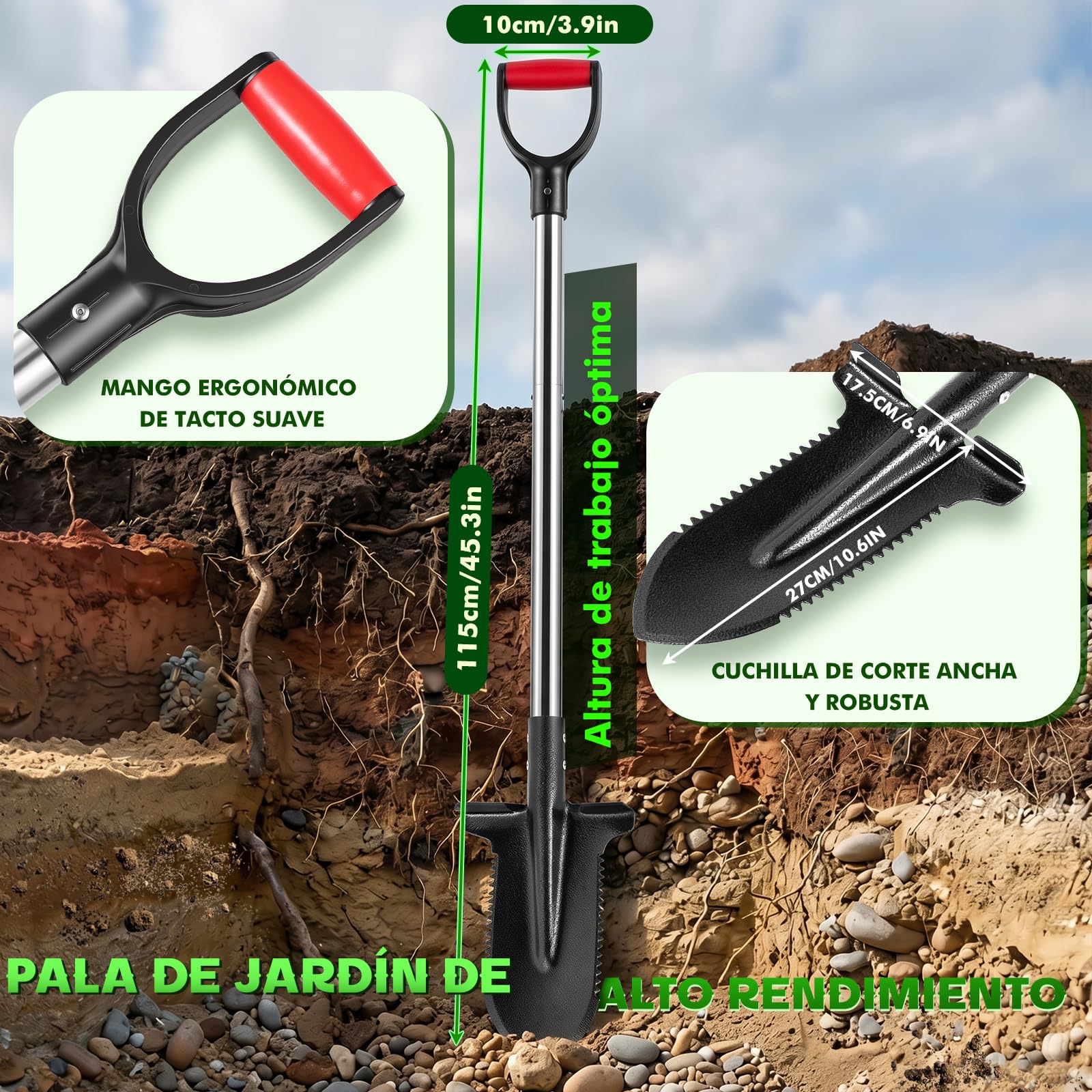 Pala de zanahoria resistente con grano de siembra, pala de jardín de acero al carbono de 115 cm con mango ergonómico suave, pala para jardín, raíces, excavación y suelos pesados