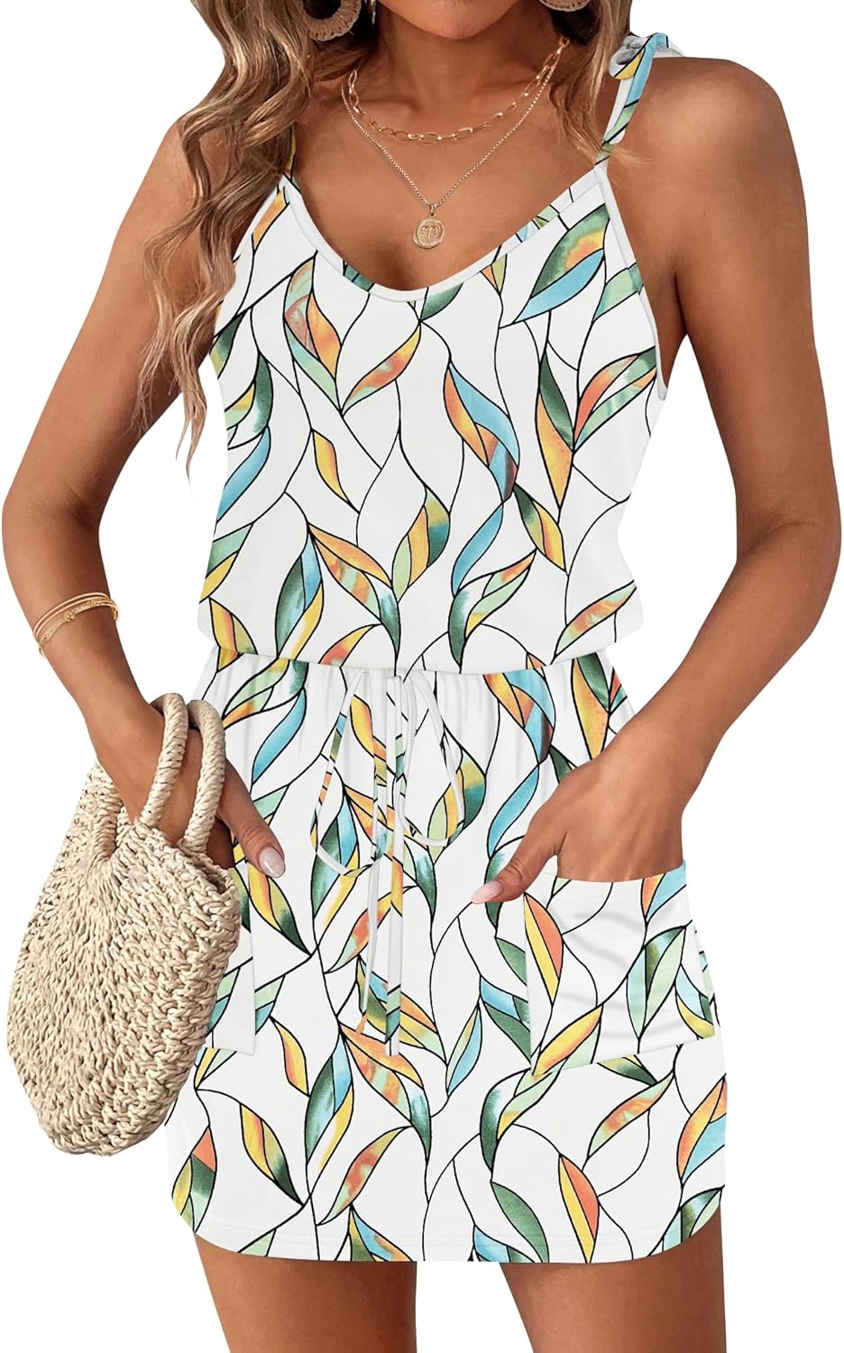 AUSELILY Womens Summer Dresses Sleeveless Spaghetti Strap Beach Cover up Drawstring Waist Mini Short Dress with Pockets