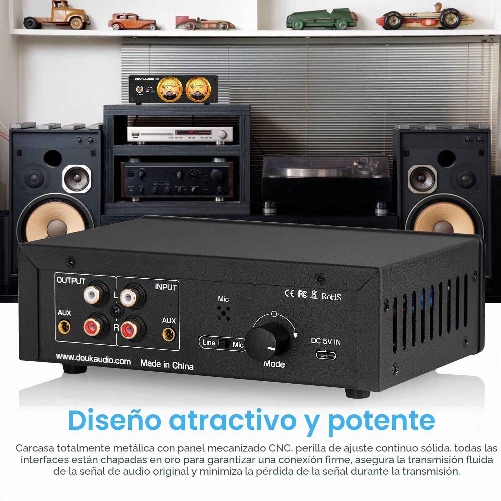 Douk Audio VU22 - Pantalla analógica dual VU de metro, panel de música, MIC y LINE