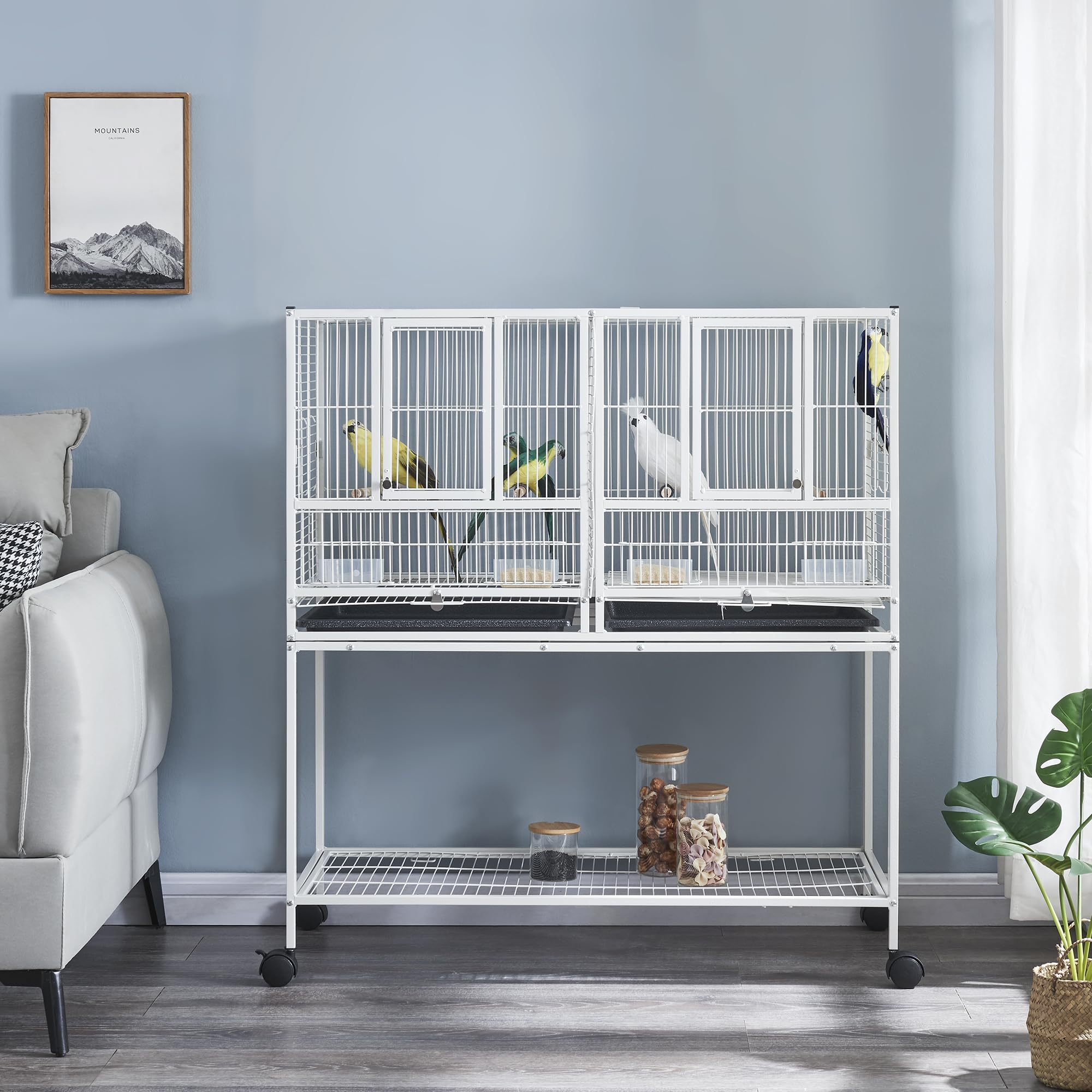 Panana Large Budgie Cage Metal Bird Cage with Stand Rolling Parrot Cage for Cockatiels African Grey Conures Parakeets Lovebird Finch Canary Bird Flight Cage for Small Pet Animals 105CM Height (White)
