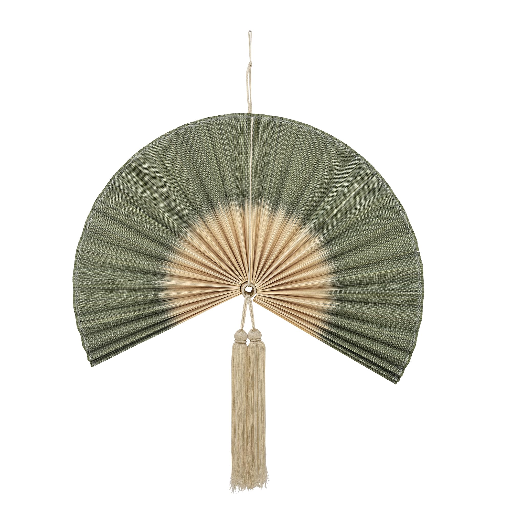 Bloomingville JAIME Wanddeko Grün - Deko Bambus Wanddeko mit grünen Falten, Beige Mitte und Quaste, L 75 x H 70 cm, inklusive Aufhängeschlaufe