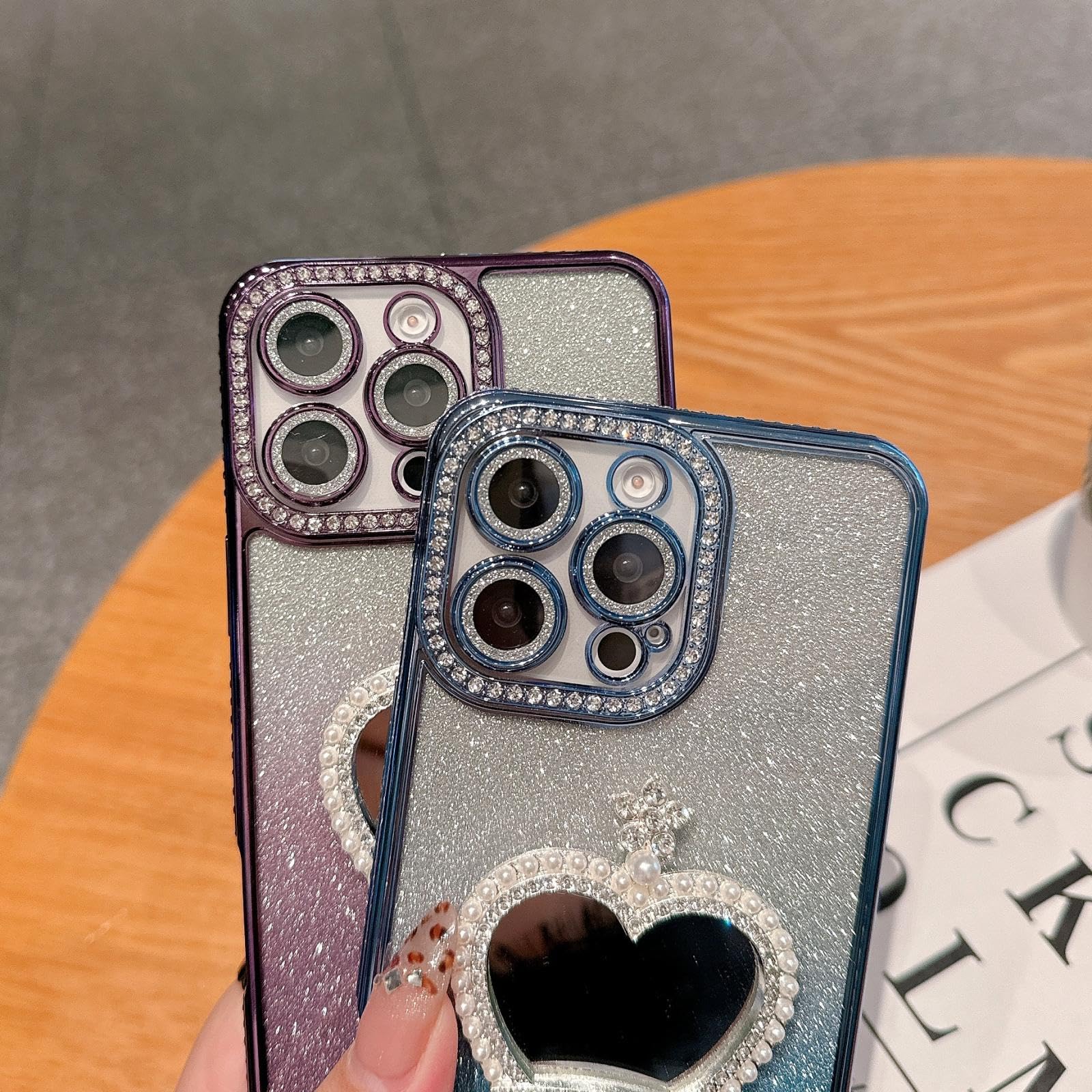 Funda con Espejo de Maquillaje y Purpurina para iPhone 15, con Pulsera chapada (para iPhone 15/Plateado GS)