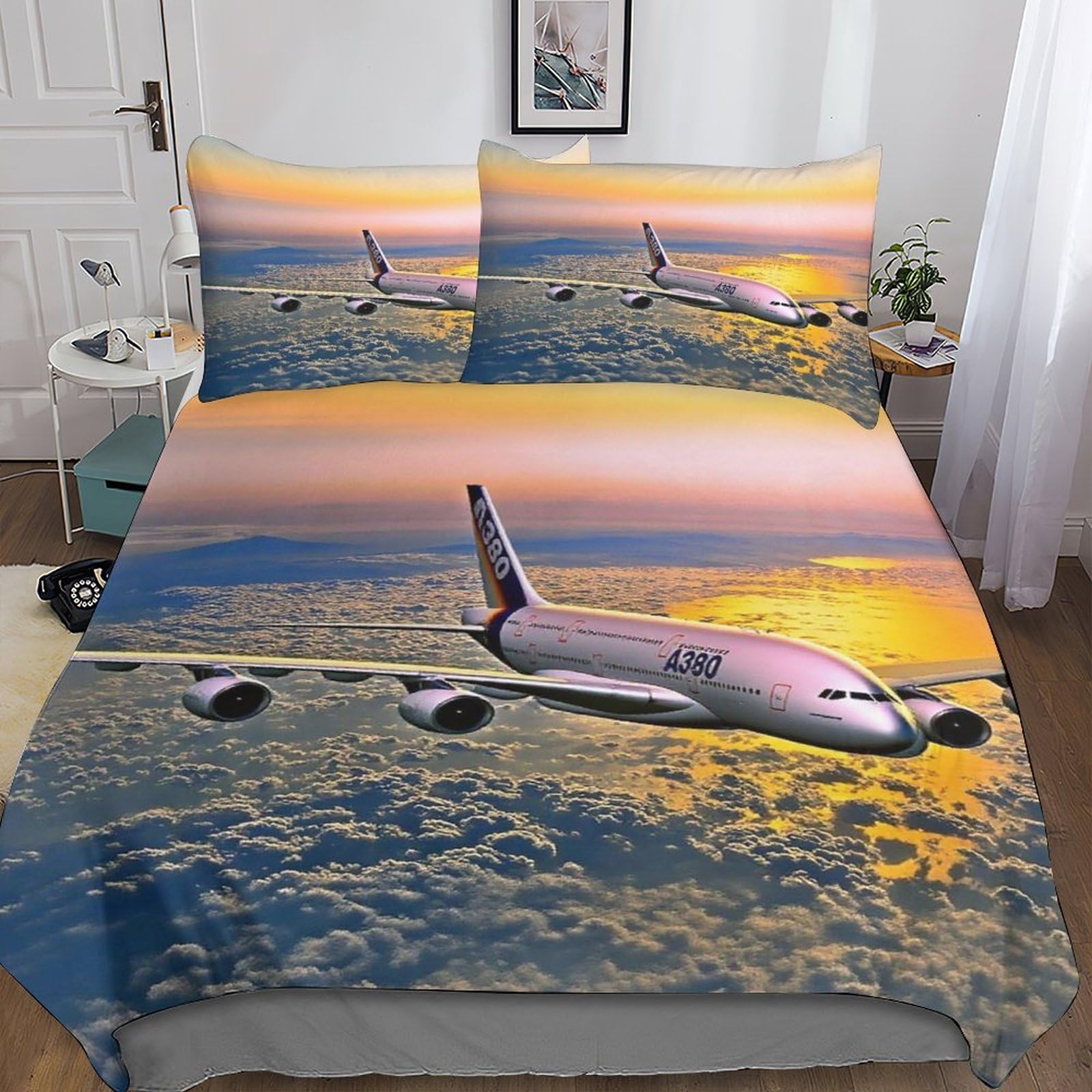Dafufbw Boys A380 Airliner Luxe Duvet Cover Set With Hidden Zipper, Double（200X200cm） Airbusses Quilt Cover Set With Pillowcases Bedding Set Soft Microfiber For Kids & Adults