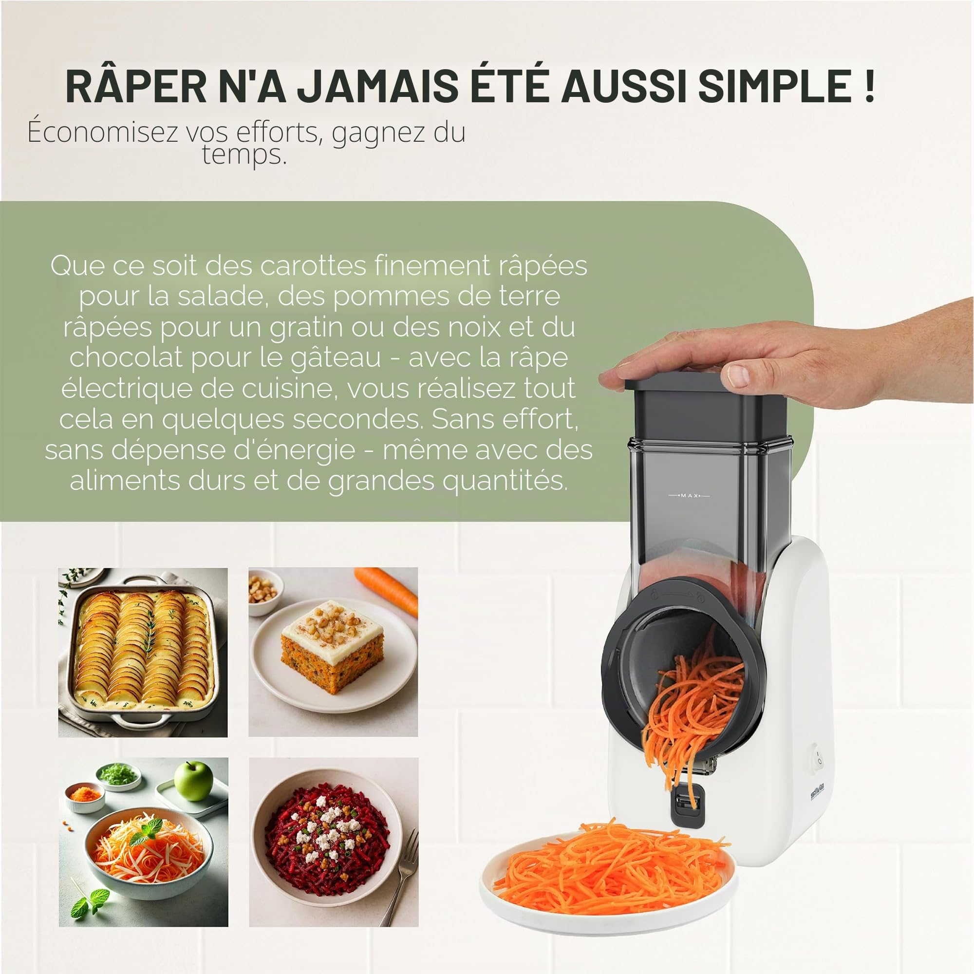 Silva Schneider SKR 800 Râpe électrique de cuisine, 80 W, 4 inserts de coupe, lames rotatives en acier inoxydable, design sûr, sans contact, nettoyage facile, blanc/gris foncé