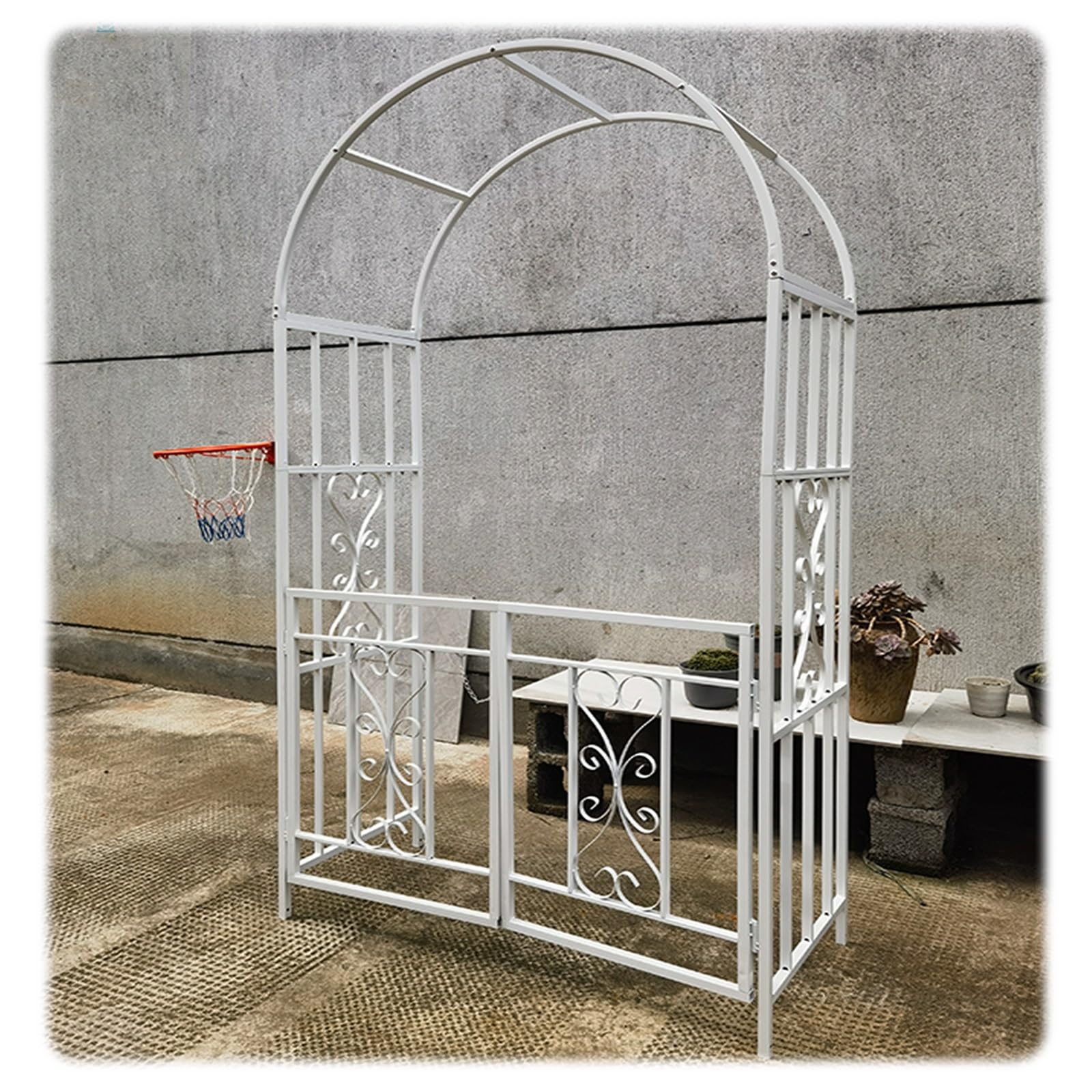 Łuk ogrodowy z podwójną bramą, metalowa pergola, altana różana do użytku na zewnątrz, nadaje się na taras, do ogrodu i na podwórko, różne rośliny pnące, wysokość 210 cm, łatwy montaż, czarno-biały