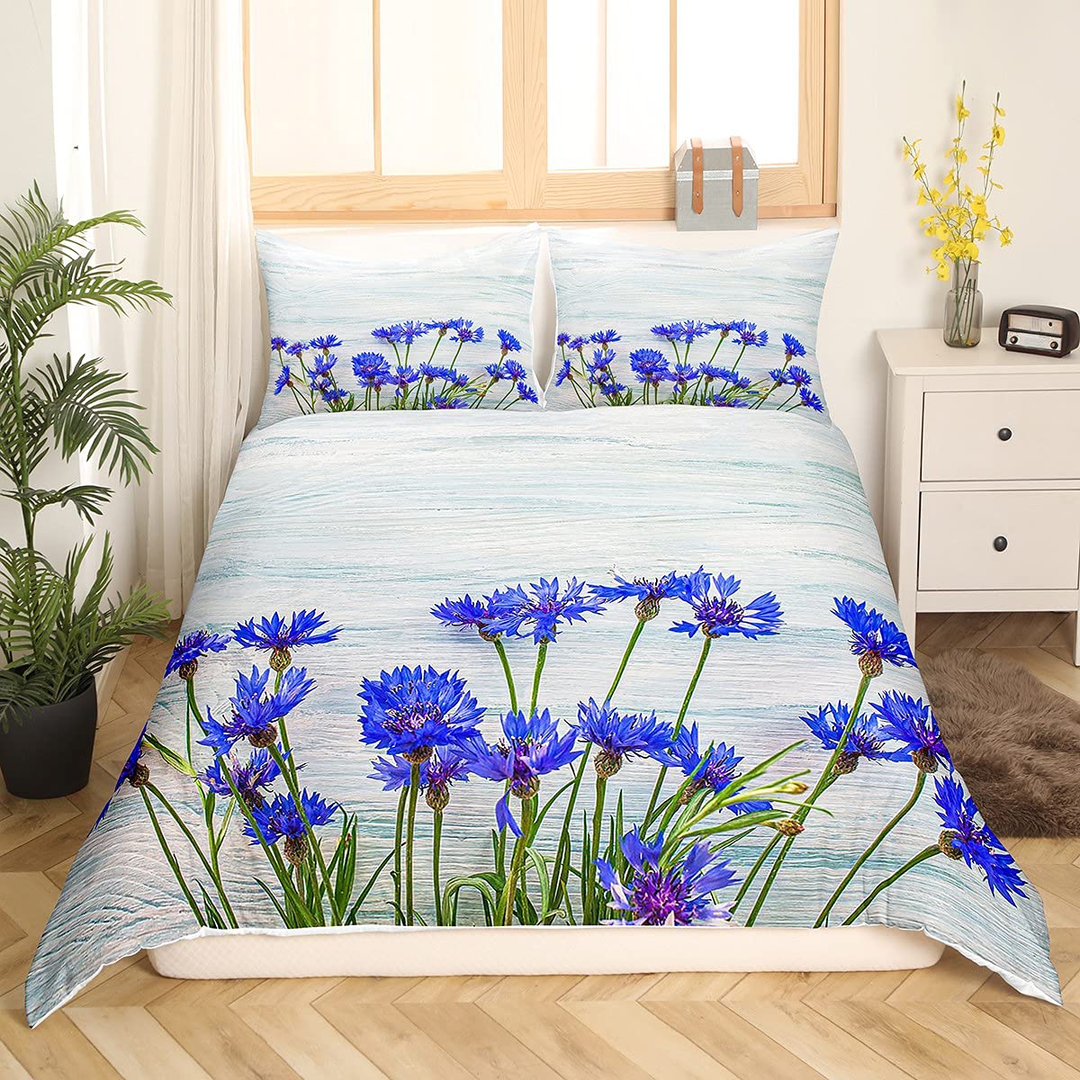 Loussiesd Blaue Kornblume Bettwäsche 135x200cm Blumen Bettbezug Set Wildblumen Kornblumen Gänseblümchen Bettwäsche Set Blüht Blütenknospen Mädchen Dekor Bettwäsche Holzmaserung Dekor