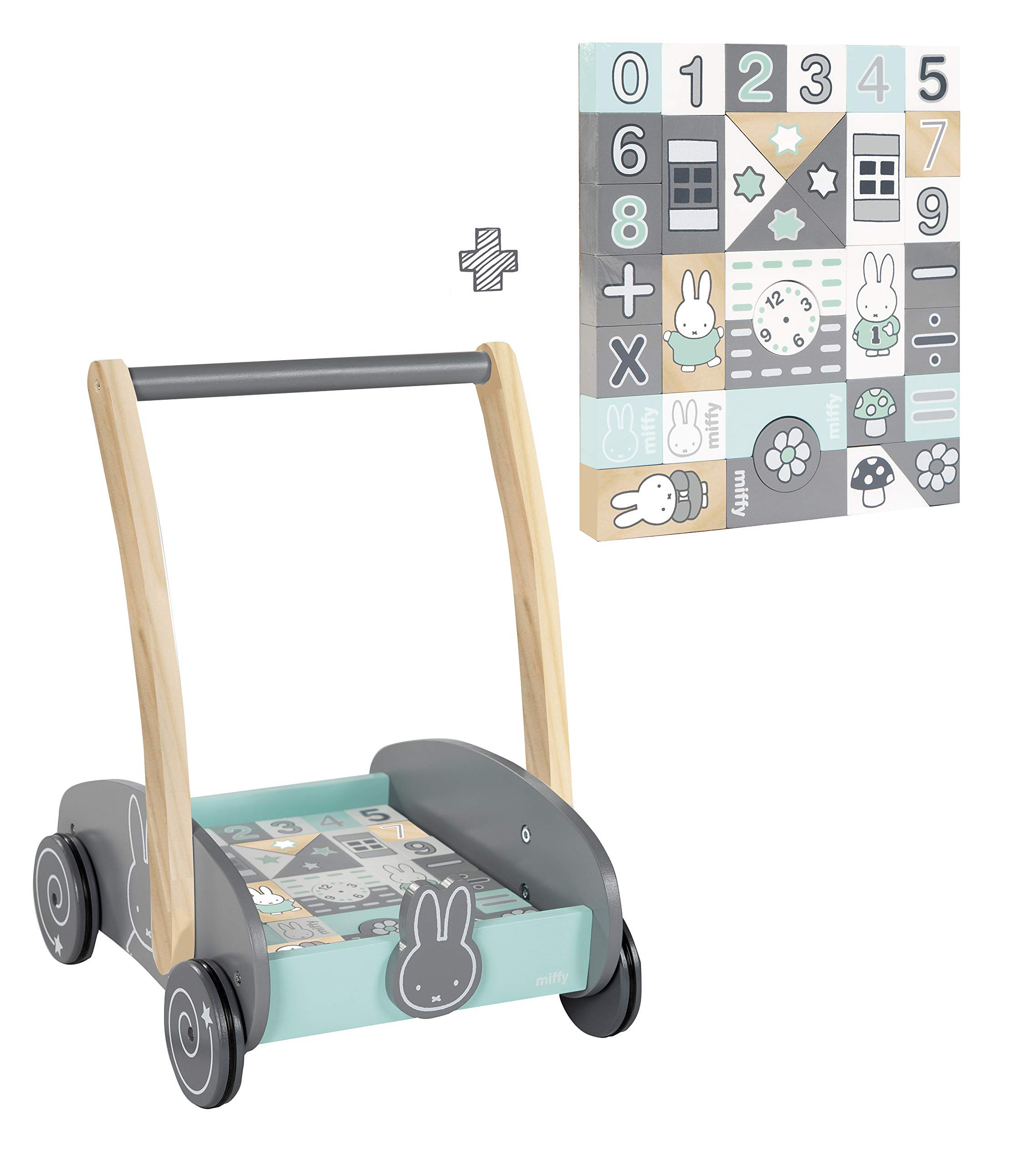 roba Schiebewagen miffy mit 35-teiligem Bauklötze-Set, Holz natur und lackiert, Griffhöhe: 45cm, BxL: 23x31cm, als Puppenwagen nutzbar