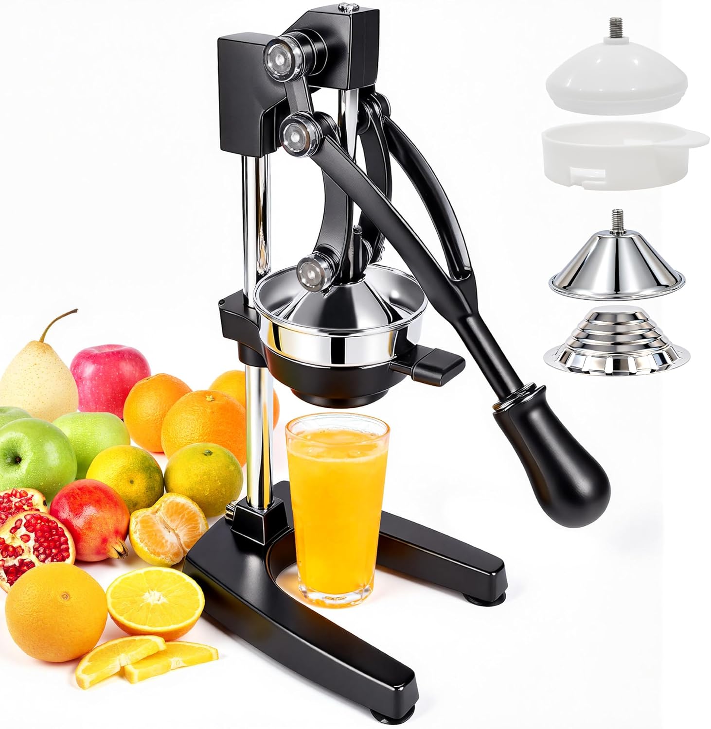 Manual Juicer Hand Press, 304 Stainless Steel Citrus Juicer for Orange Lemon Pomegranate, 19" Extra Tall Heavy Duty Juice Press with Dual Molds for Apple & Pear, Stable Suction Base