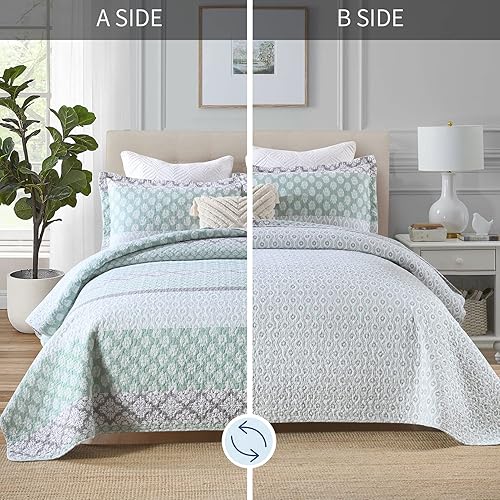 Vista 35 de SahSahCasa Juego de edredón tamaño King, edredón floral 100% algodón, juego de ropa de cama King, edredón reversible ligero de retazos para todas