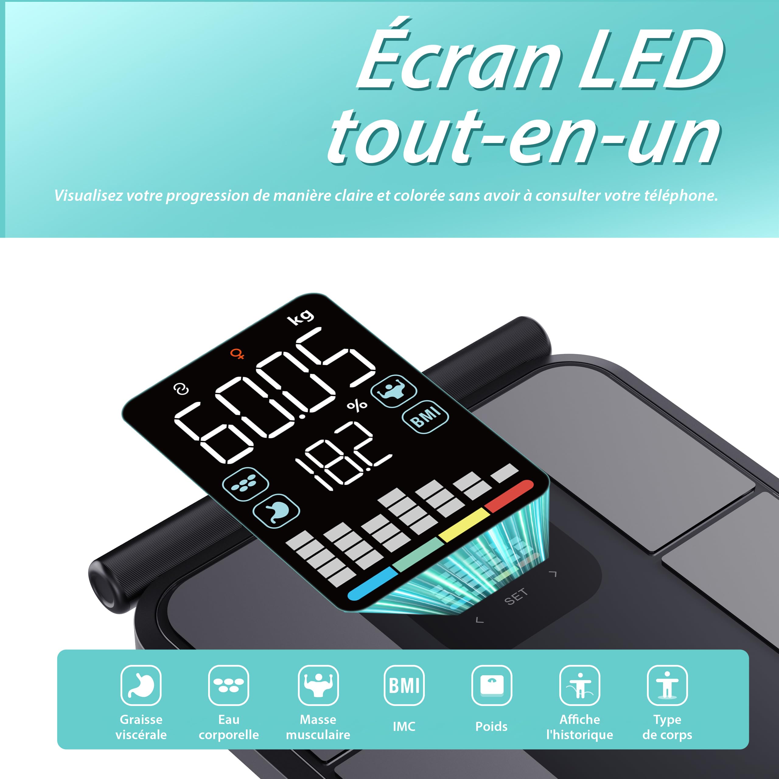 MELTA® Balance Connectée Impédancemètre 8 Électrodes – Pèse Personne 58 Mesures BIA Double Fréquence – Masse Grasse Musculaire IMC – Écran LED Couleur – Mode Hors Ligne – Analyse Corporelle Complète