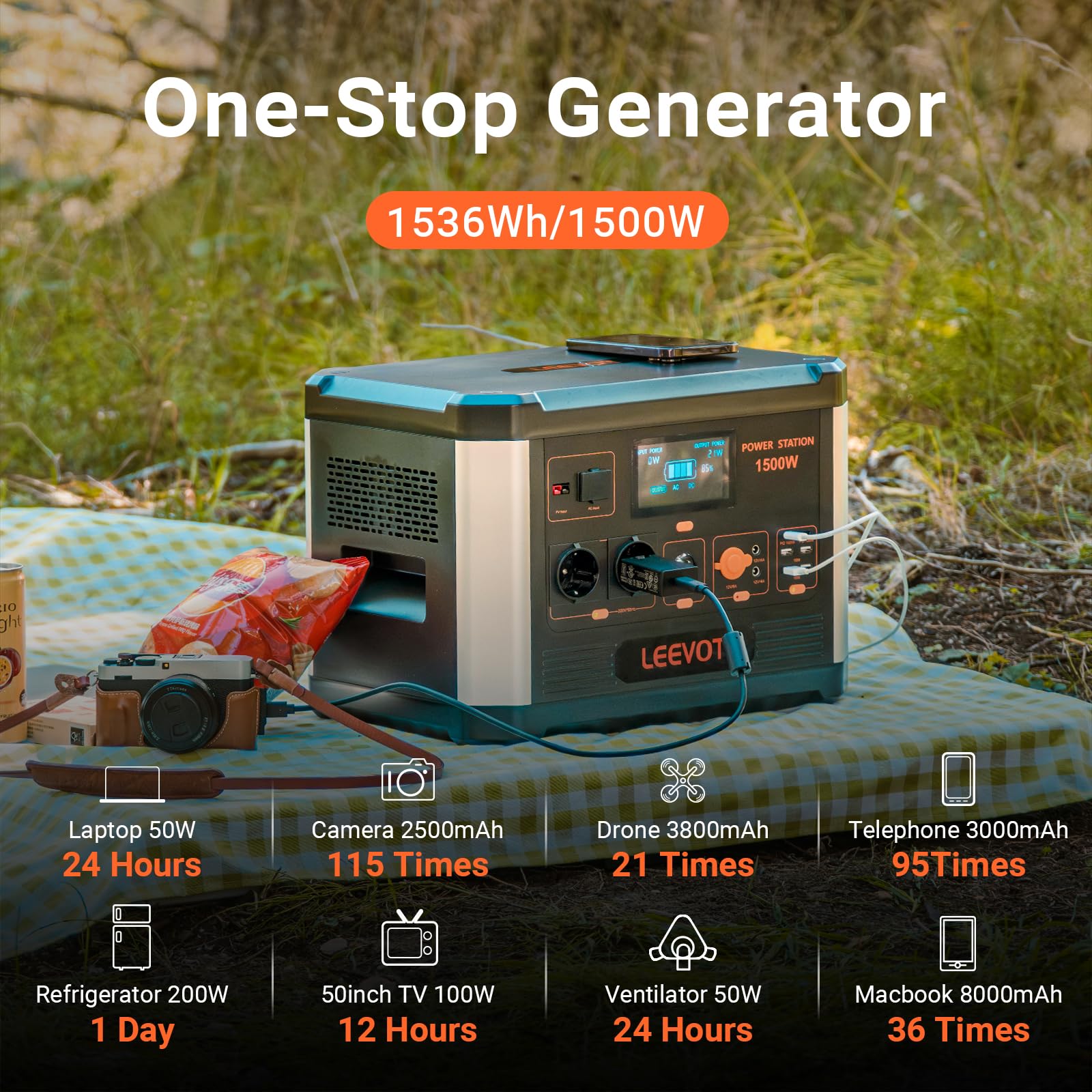 Centrale électrique portable de LEEVOT, batterie de secours Casa LiFePO4 de 1536 Wh, sortie AC à onde sinusoïdale pure de 1500 W avec bandoulière, générateur solaire pour usage extérieur et camping