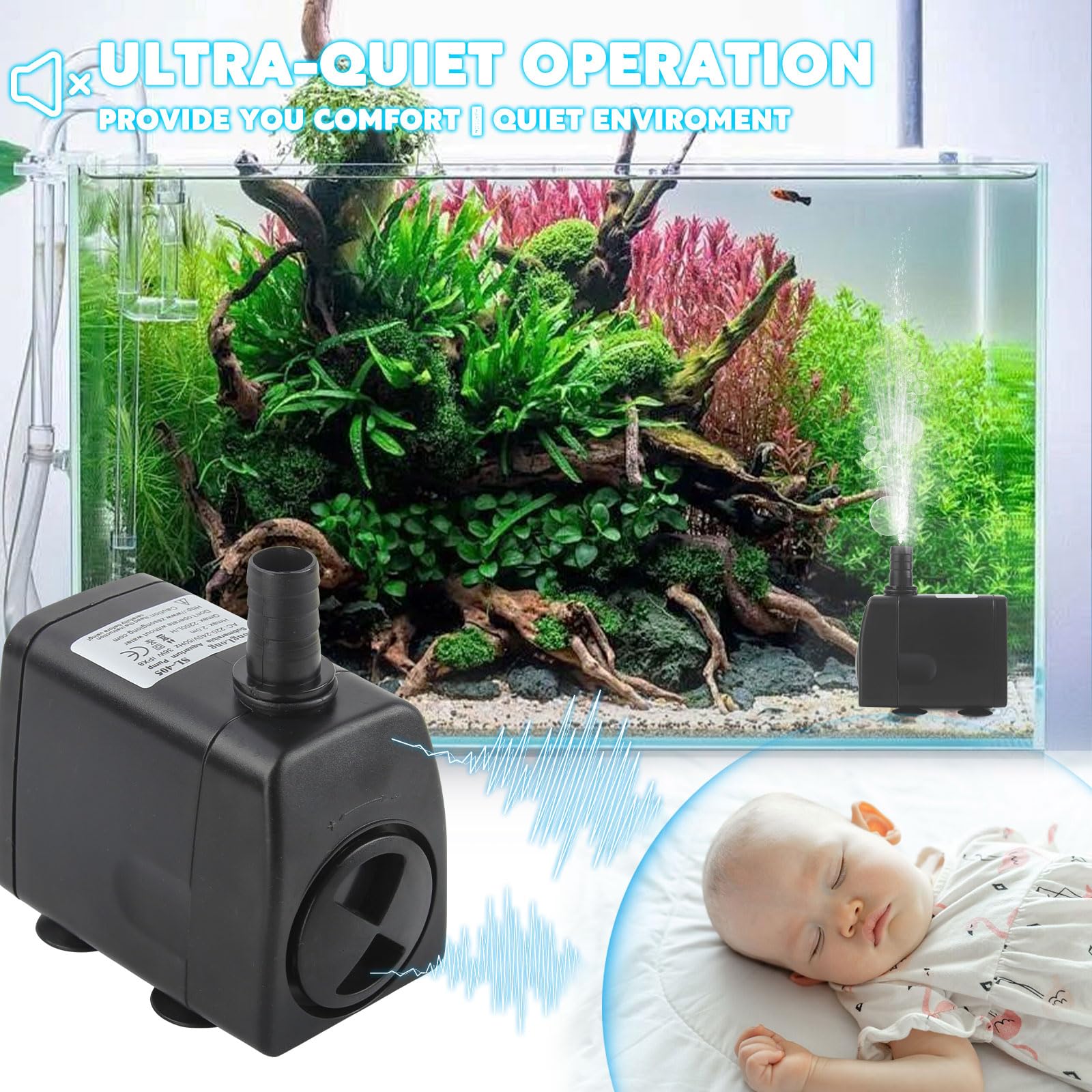 Discoball Submersible Water Pump 45W 2000L/H Ultra-Quiet Mini Fountain Water Pump with 2 Nozzles Replacement Pump for Pet Fountain Aquarium Fish Tank Pool Garden Features Statuary Hydroponics - Image 2