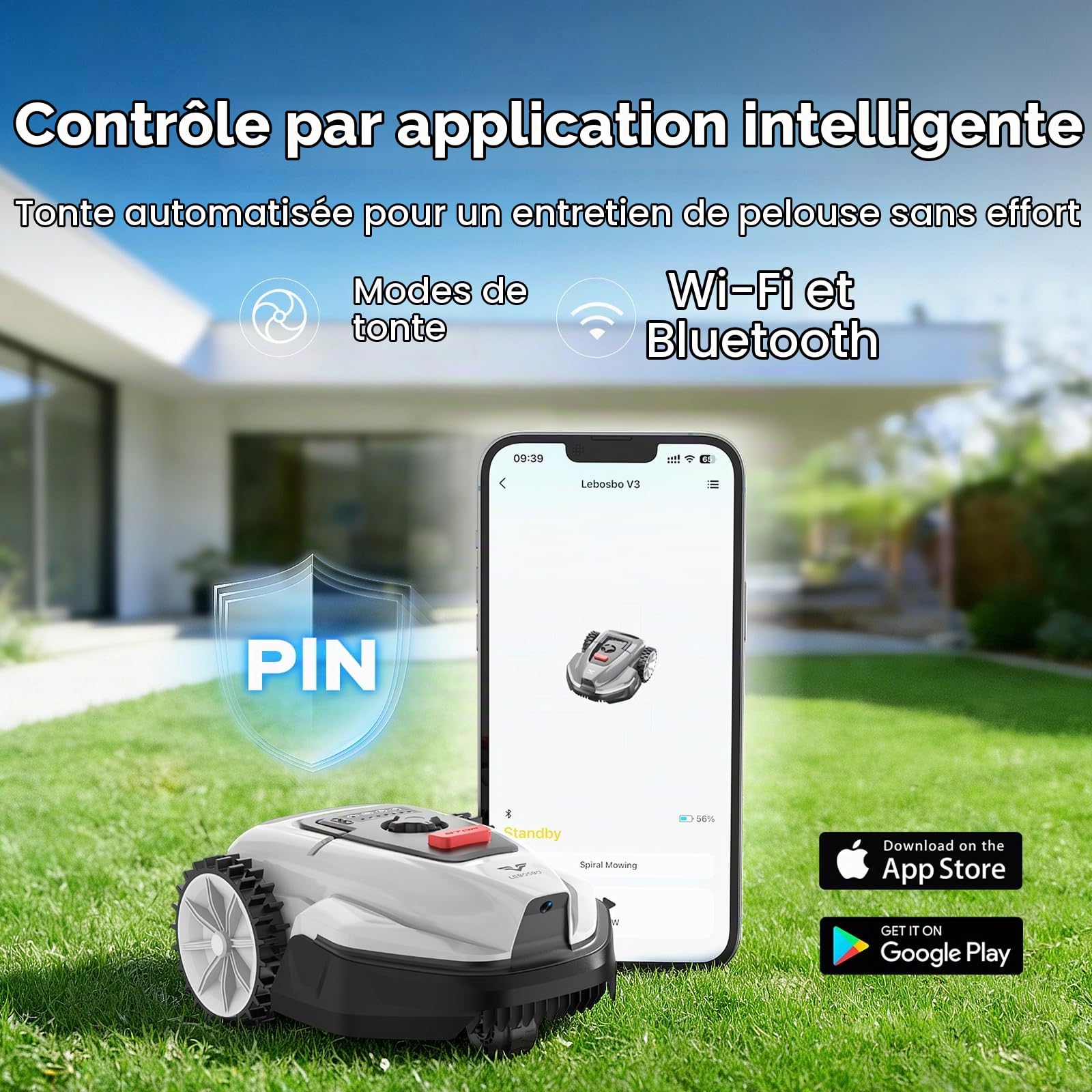 V3 Robot Tondeuse sans Fil Périphérique, Navigation IA par Vision, Contrôle Via Application, Fonctionnement Silencieux, pour Petits Jardins jusqu'à 100 m²