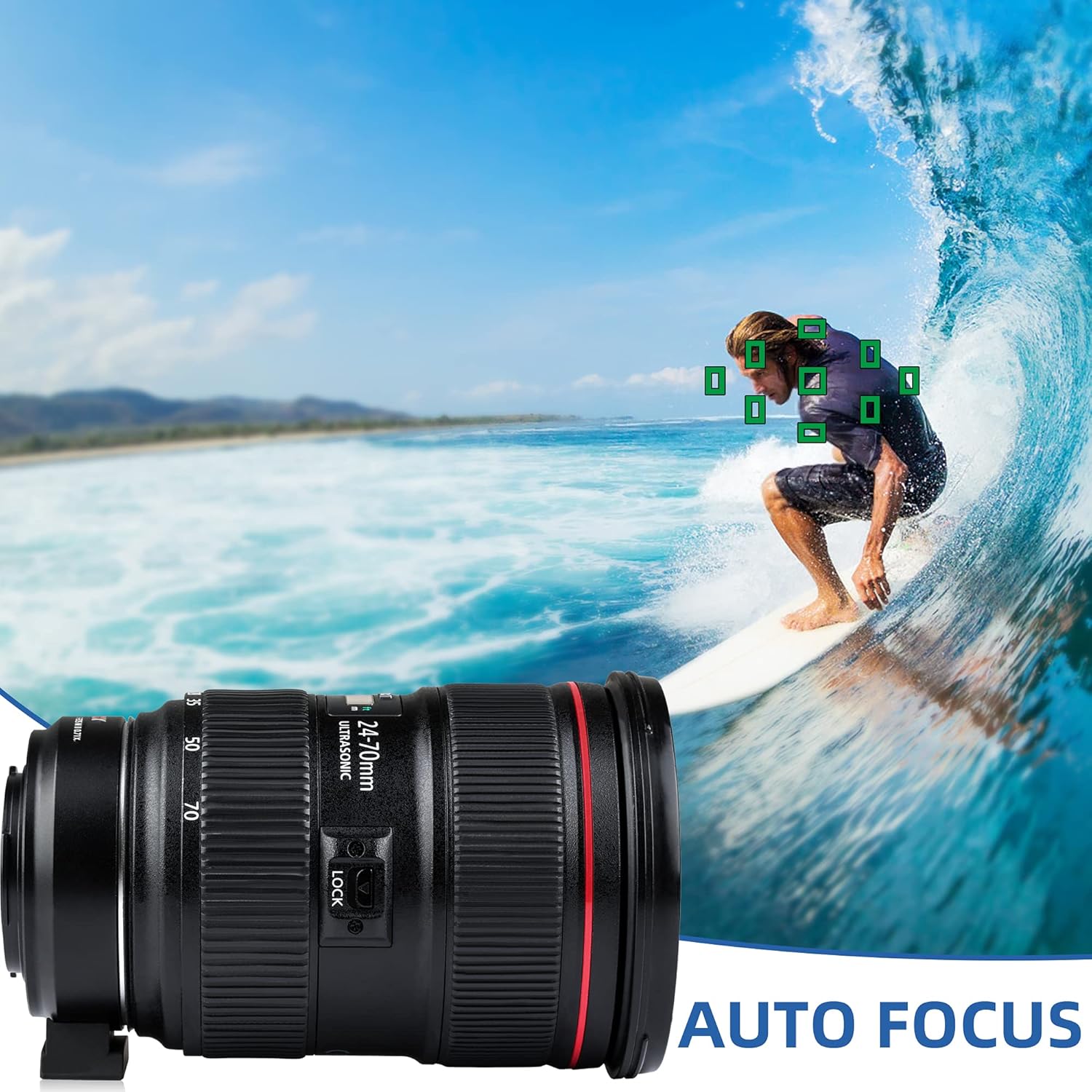 Demonstration of auto focus points on a camera screen with a lens attached.