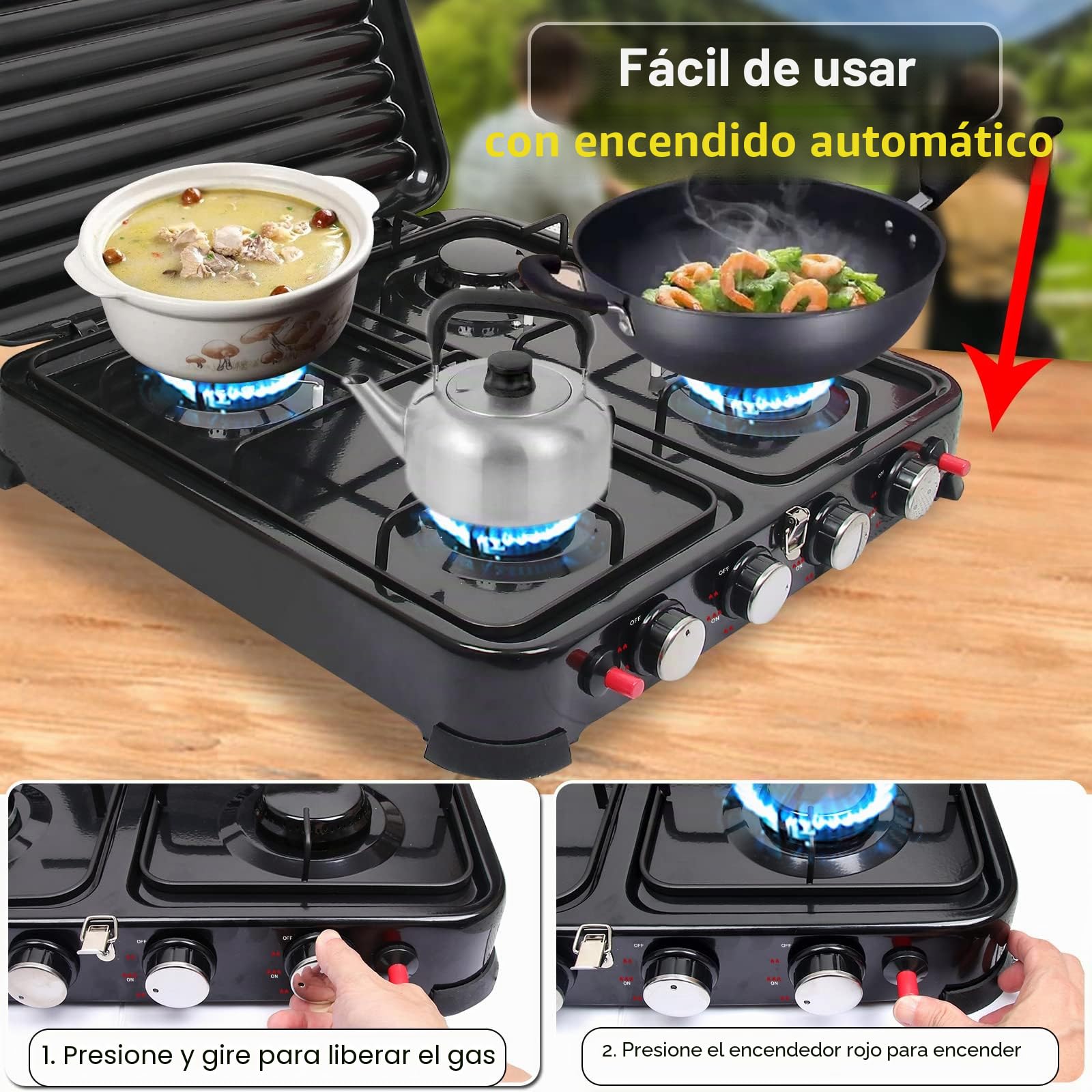 8.8KW Cocina de Gas Portátil 4 Fuegos con Hornillo de Exterior GLP para Camping, Quemador para Acampar 48 x 48.5 x 10.5 cm (‎Puro Negro)
