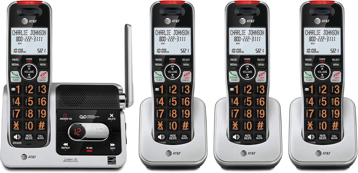 AT&T BL102-4 DECT 6.0 4-Handset Cordless Phone for Home with Answering Machine, Call Blocking, Caller ID Announcer, Audio Assist, Intercom, and Unsurpassed Range (Renewed)