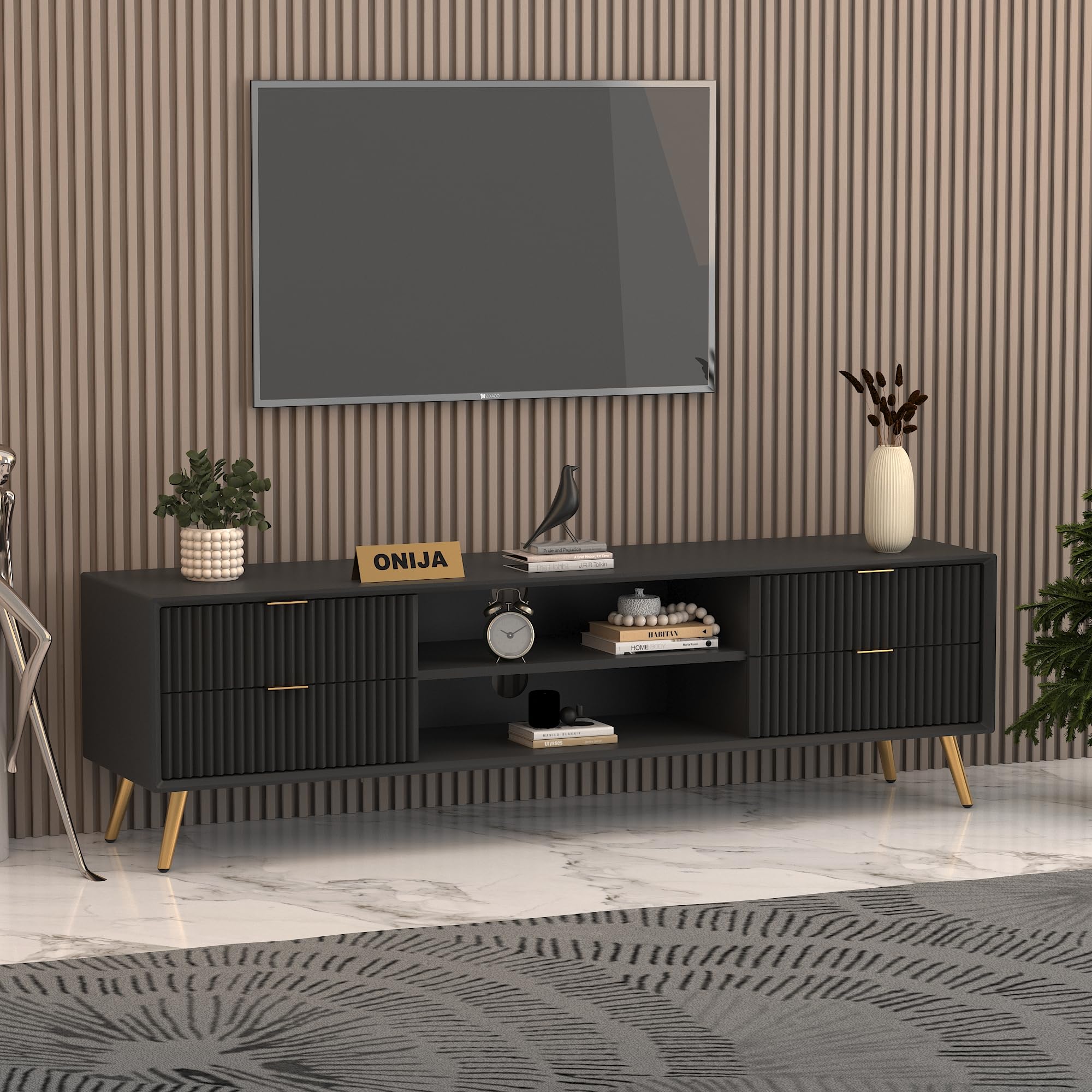 ONIJA HDMR Premium Wood TV Unit for Living Room | Modern Low Height TV Console with Storage Cabinets & Open Shelves | Matte Finish Entertainment Unit (Black)-image-28