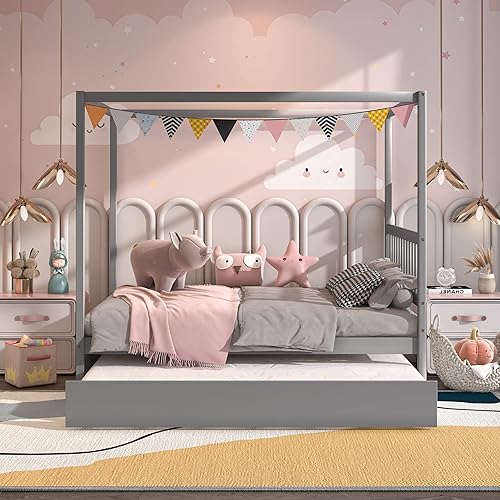 Miniatura 30 de KOMFOTT Cama individual con nido, marco de cama de plataforma de madera maciza, cama para niños con techo para niñas y niños, no necesita somier,