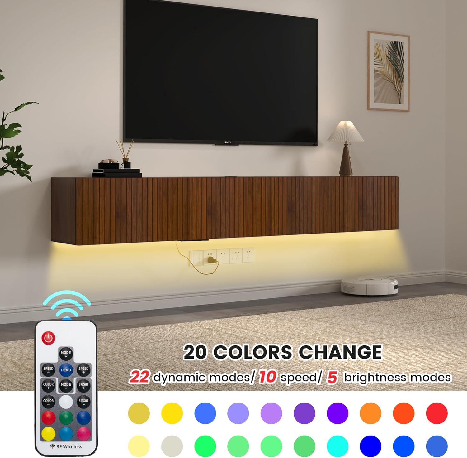 EazeHome 82" Floating TV Stand with LED Lights & Charging Station for 80 inch TV, Wall Mounted Entertainment Center, Modern Floating TV Shelf with Fluted Doors for Living Room, Bedroom, Walnut Brown