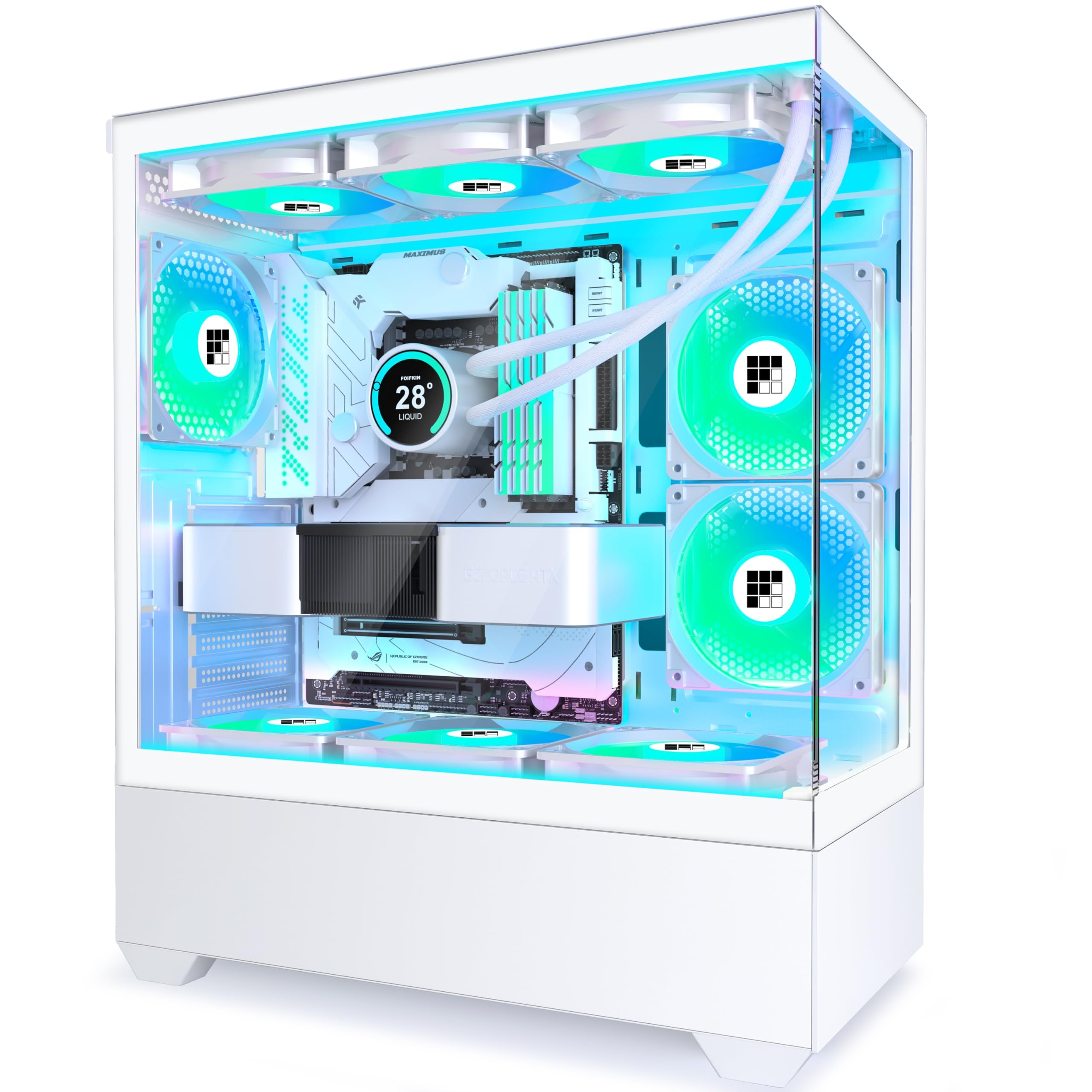 FOIFKIN PC Gehäuse - Vorinstallierter 5 PWM ARGB-Lüfter, ATX Mid-Tower Gaming PC Gehäuse, 270° Panoramaglas, F1 (White, F01)
