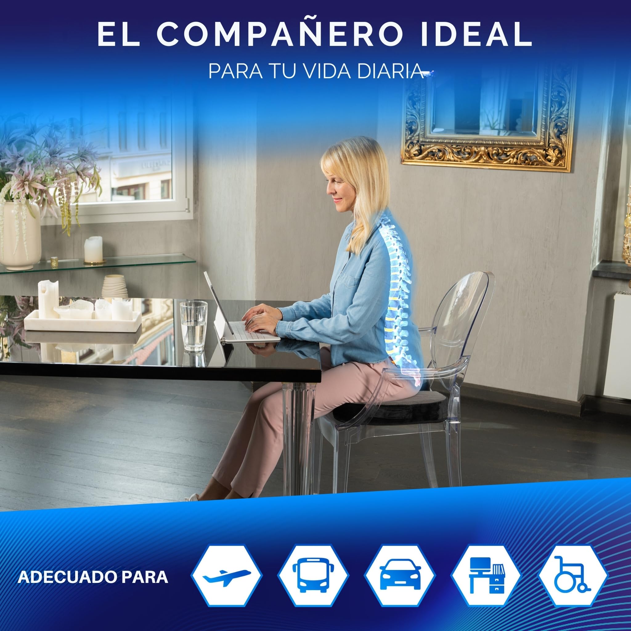 Healthfix® Cojín Ortopédico de Espuma Viscoelástica para Coxis y Ciática – Almohada Ergonómica para Silla de Oficina, Coche o Escritorio – Funda Lavable y Base Antideslizante