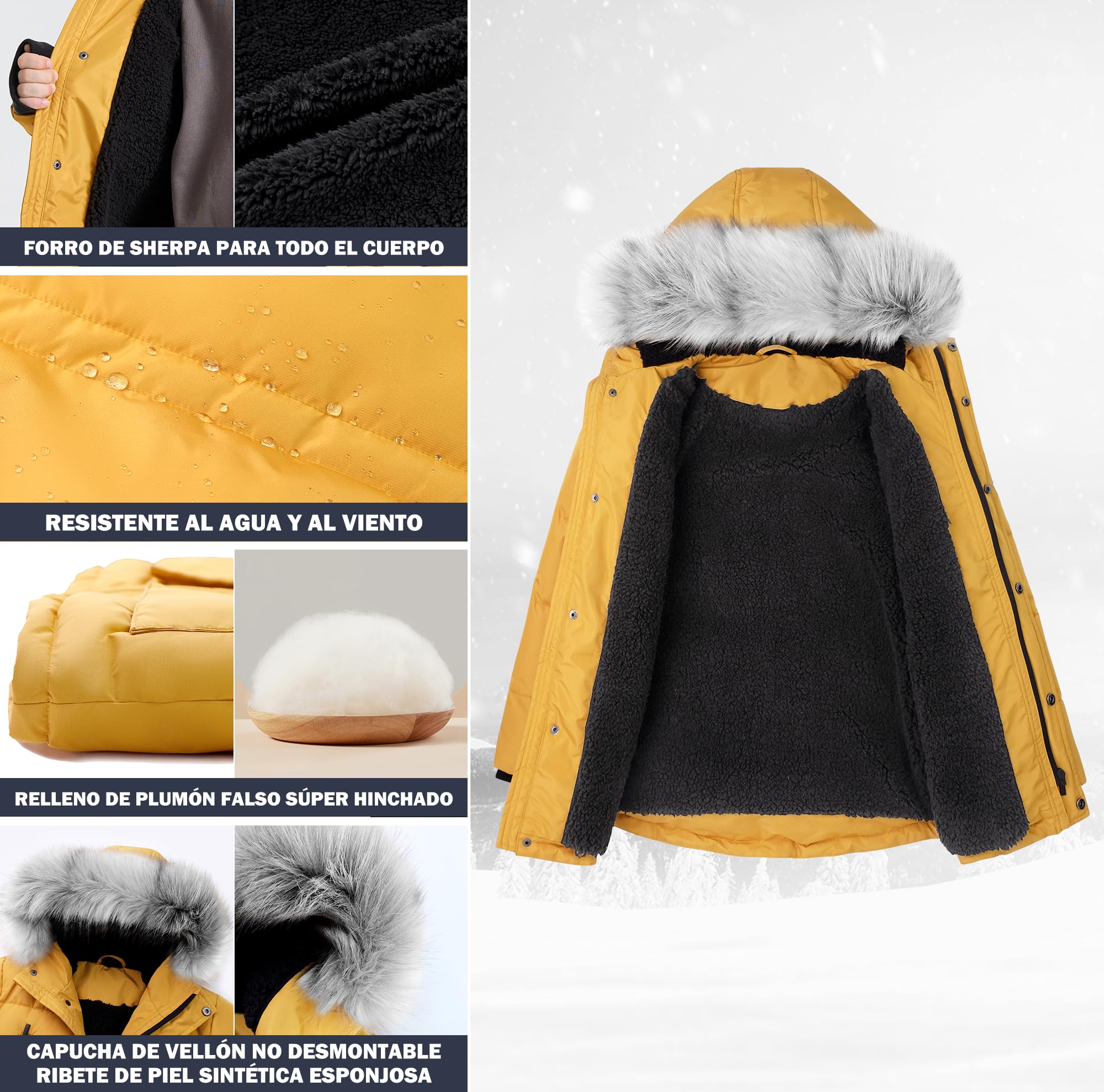 maoo garden Abrigo de Invierno Acolchado para Niños, Chaqueta con Capucha de Piel Forrada de Sherpa de Peso Pesado para Niños Grandes, Parka de Nieve Resistente al Agua
