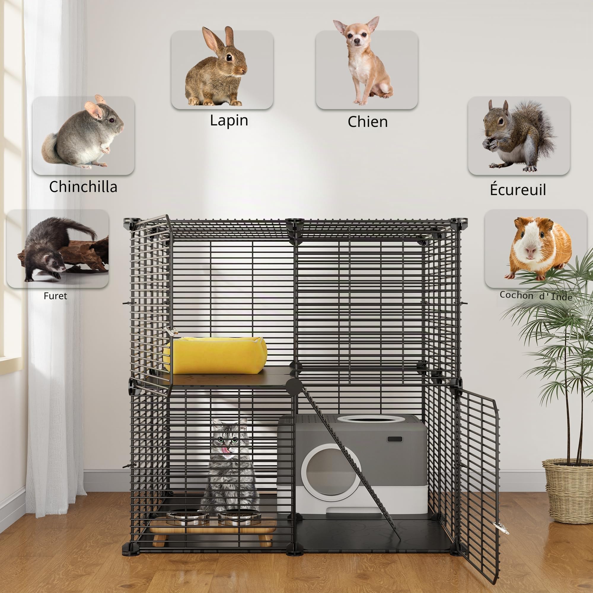 YITAHOME Cage d'intérieur pour Chat à 2 Niveaux à Monter soi-même, Cage pour Chat avec Fil métallique Dense, Parc pour 1 à 2 Chats, furets, Lapins, Petits Animaux, Noir, 71 x 71 x 71 cm