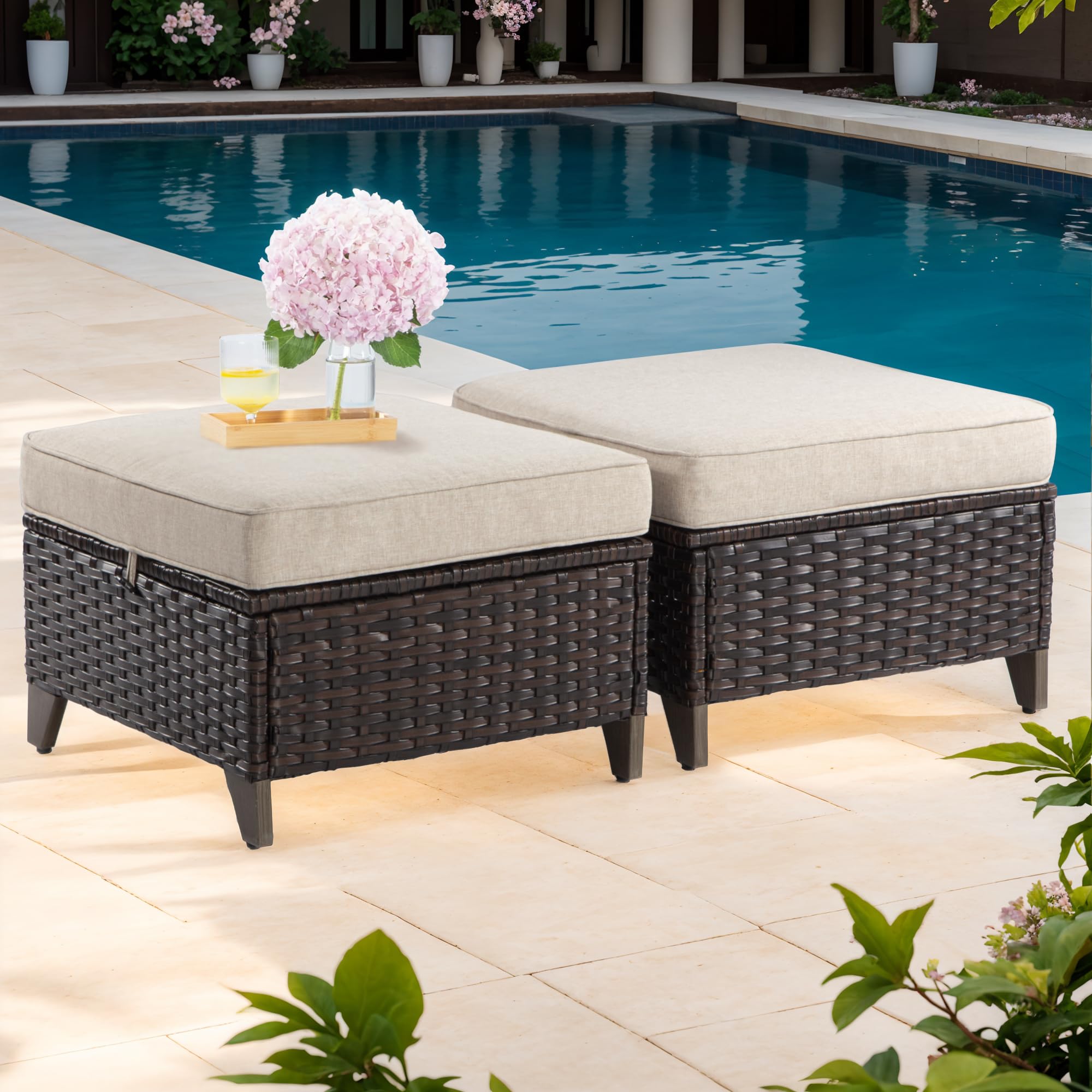 Joyside Patio Ottoman Set of 2, All Weather Outdoor Rattan Ottomans Patio Footstools with Removable Cushions for Garden Backyard Porch (Beige)