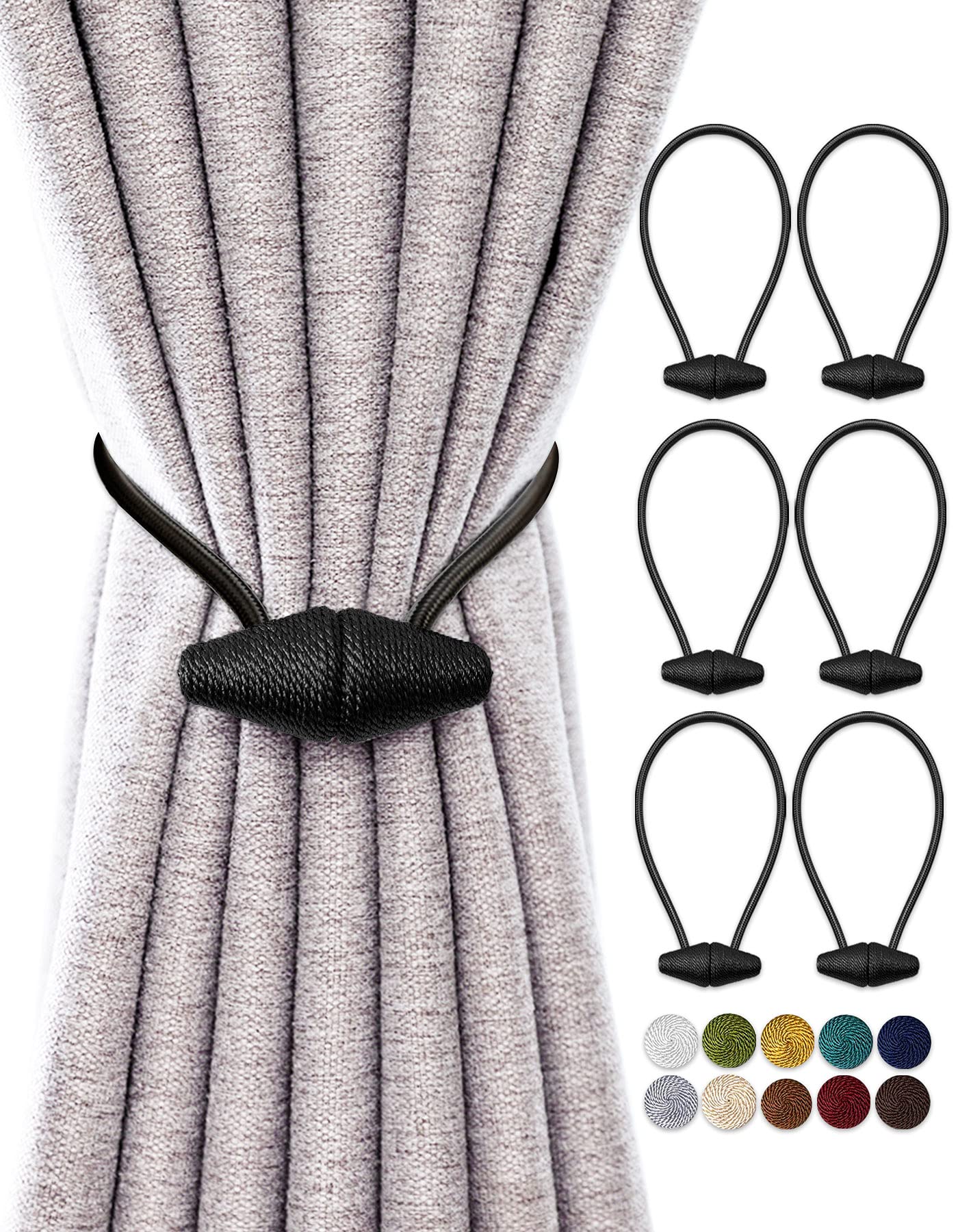 TECVINCI Magnetic Curtain Tiebacks with Upgrade Larger Magnet, 6 Pack 16 Inch Drapery Holdbacks for Indoor & Outdoor Curtain - Black