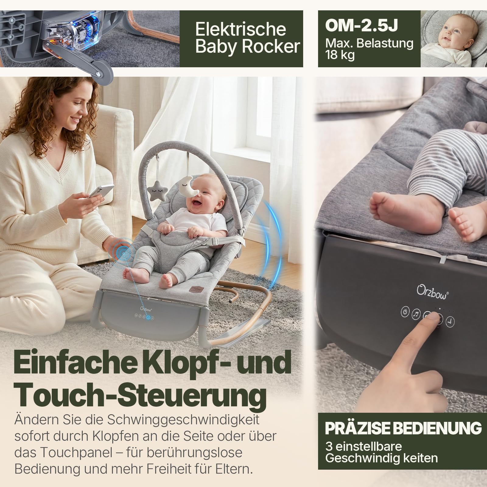 Baby Rocker Elektrische, Automatische Schaukeln mit Klopf-Sensor | 3 Schwinggeschwindigkeiten & Touchpanel, 2 Timer (30/60 Min), 8 Schlaflieder, Bis 9kg & 65cm, Zephyrgrau