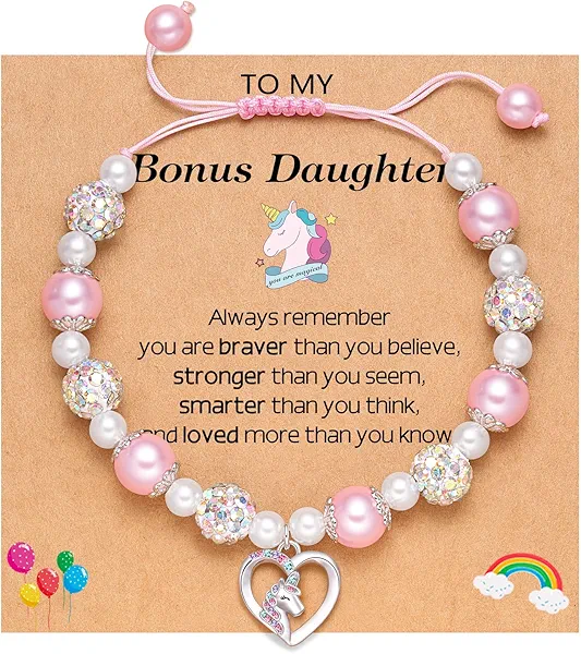 Unicorn Bracelet for Daughter/Granddaughter/Granddaughter/Bonus Daughter Adjustable Pink & White Pear Bracelet, Birthday Christmas Graduation Gifts for Girls