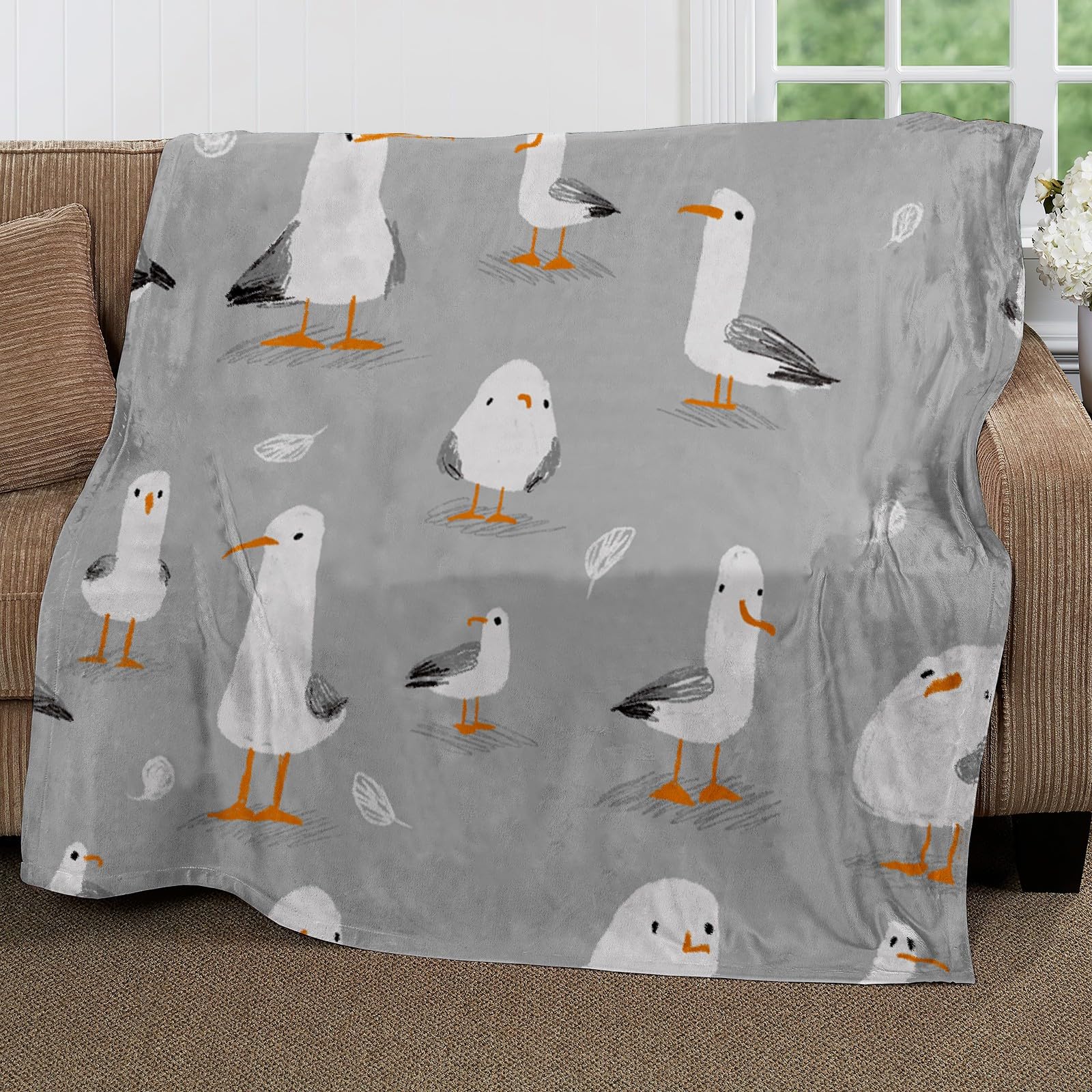 CozyRest Fleece Blanket Fluffy Soft Cozy and Warm Cartoon Seagull Pattern Throw Blanket Flannel Plush for Kids Boys Adults, Grey Blanket Washable for Bed and Couch, All Season 59x78 inch