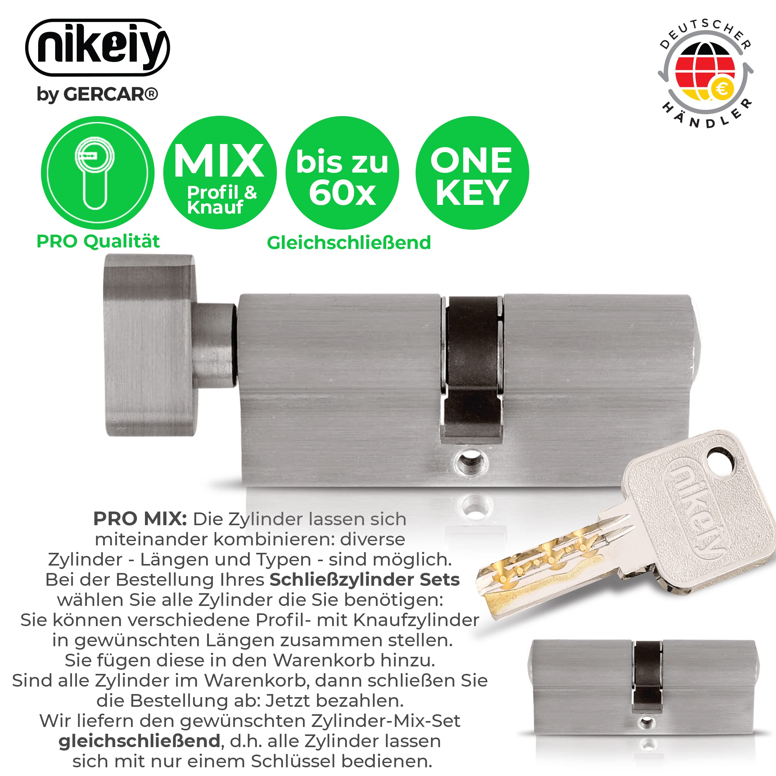 GERCAR Pro Schließanlage DIY MIX Knaufzylinder 30/30 Schließzylinder gleichschließend nach wunsch kombinierbar - Zylinderschloss 60 mm - A:30 B:30 - selbst zusammenstellen mit einem Schlüssel