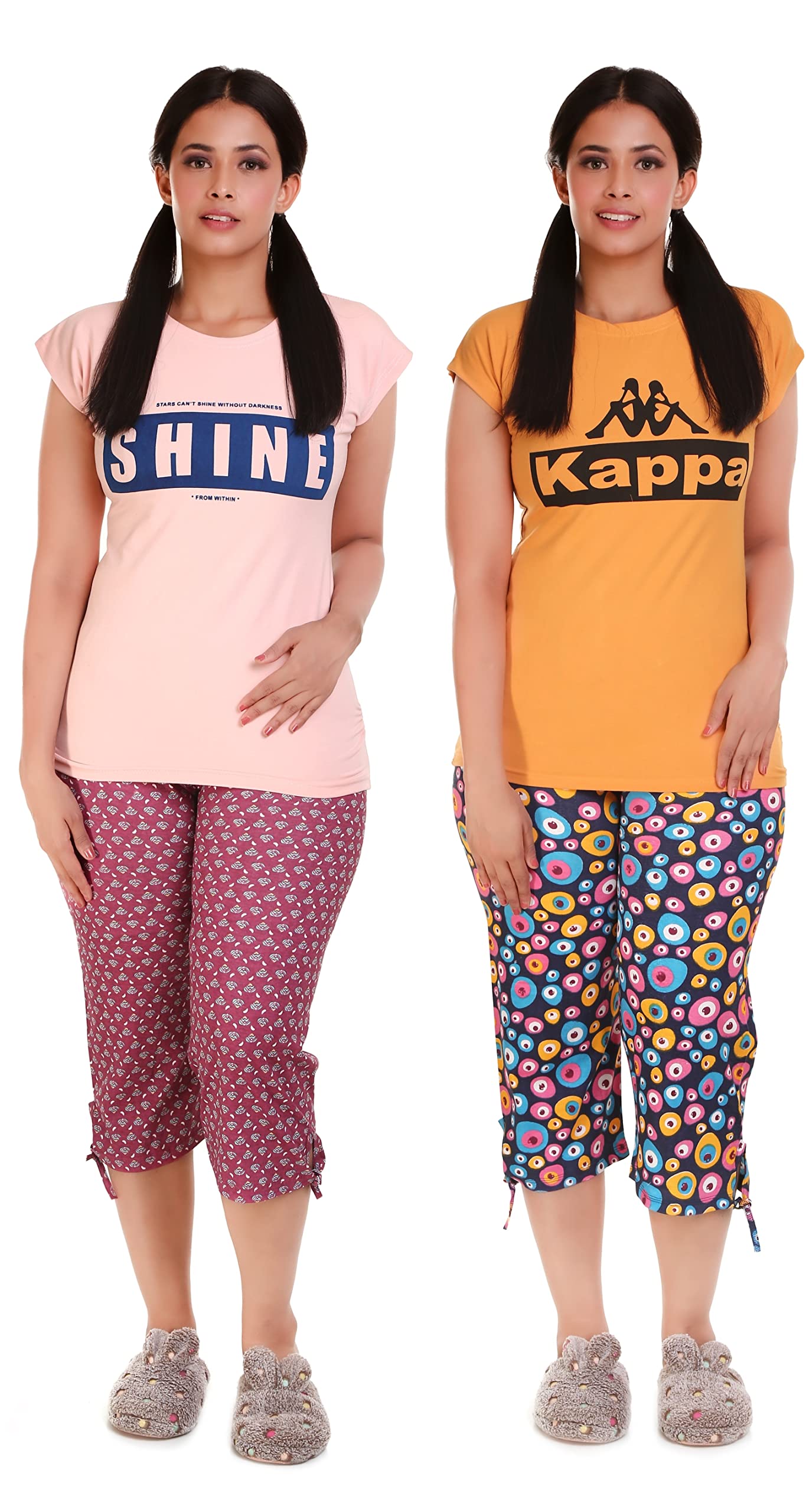 (Pack of 2 Sets = 2 Tops + 2 Capris Women Ladies Girls Printed Exxport Night Suit Tops + Capris 3/4, Print May Varyvery Comfortale-image-0