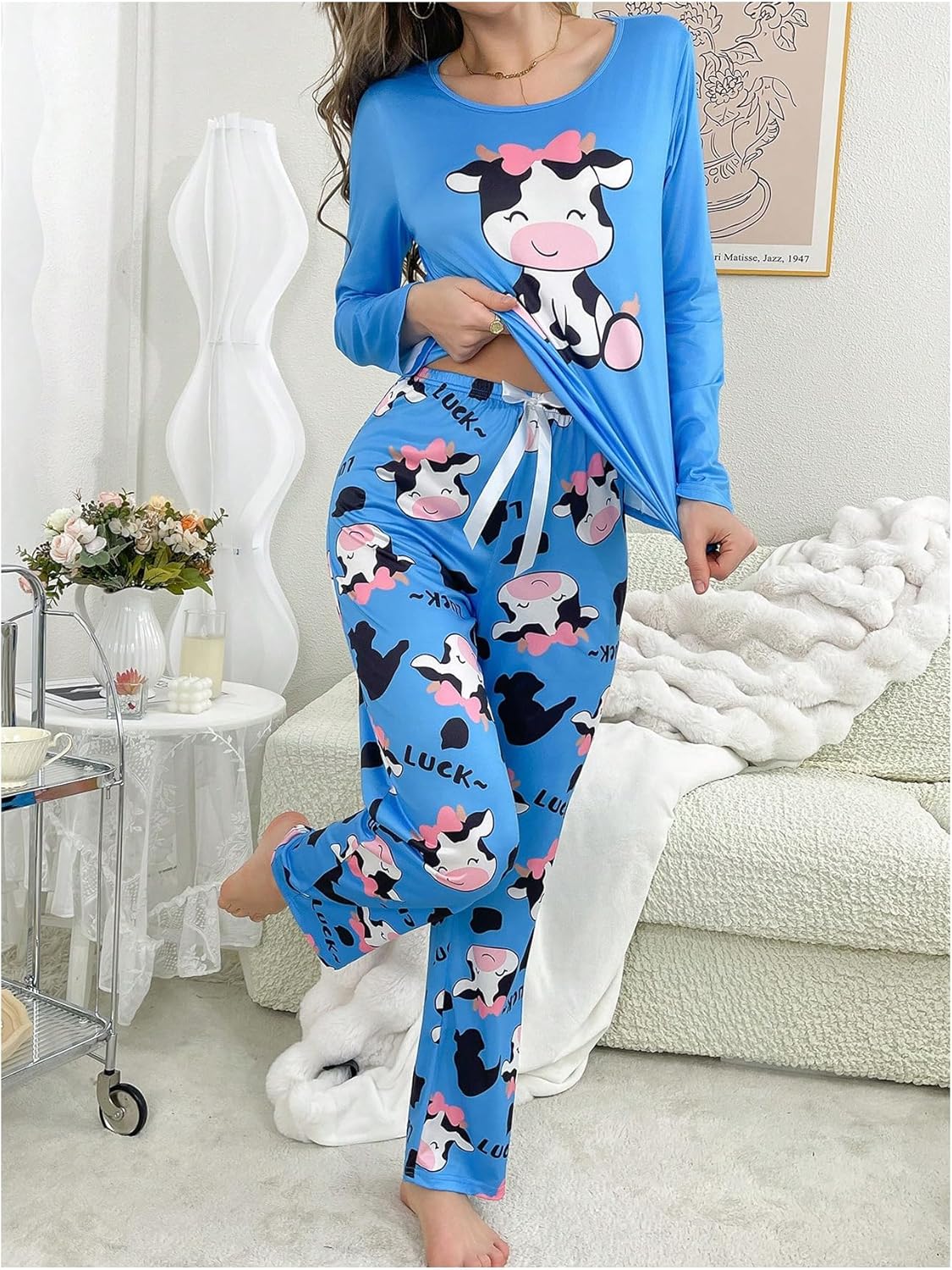 WDIRARA Women's Cute Cow Print Pajama Set Long Sleeve 2 Piece Sleepwear Pants Pjs Set - Image 3