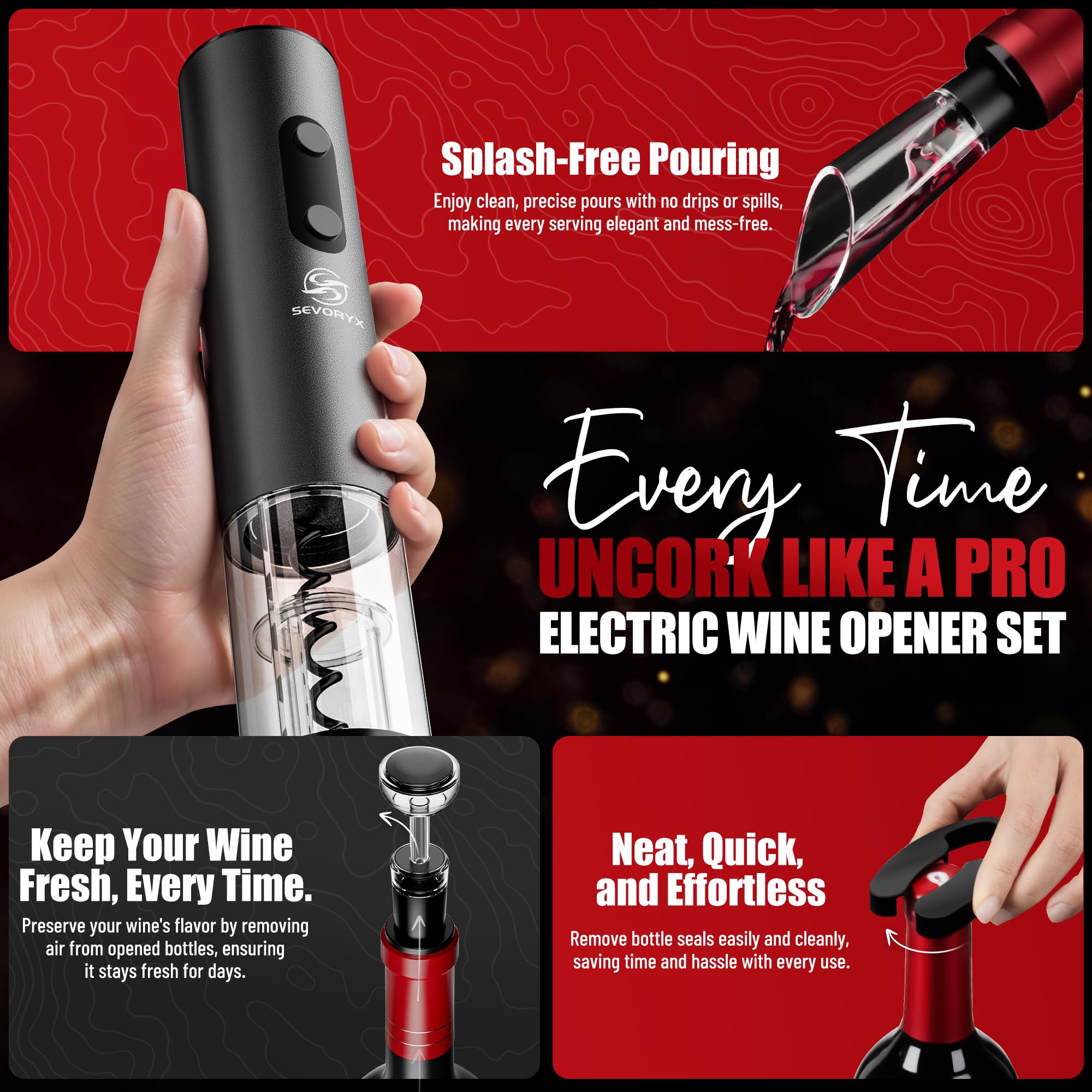 Juego de abridor de vino eléctrico, abridor de botellas eléctrico 5 en 1 con cortador de lámina, vertedor de vino, tapón al vacío y estuche de almacenamiento. Regalo ideal para amantes del 6