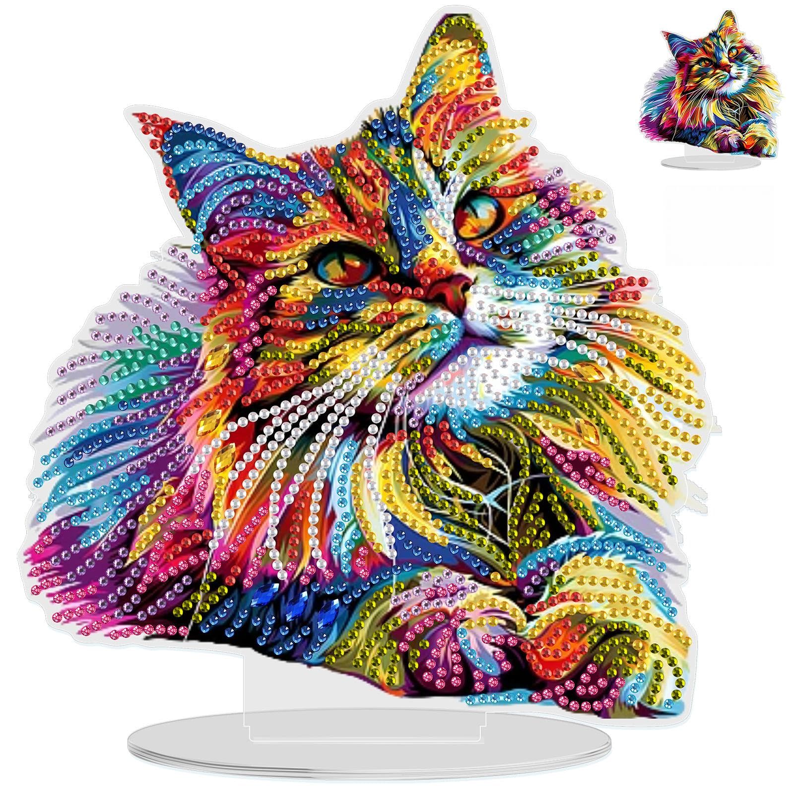 NAIMOER Tabletop Diamond Art Colorful Cat Kits for Adults Kids, DIY Double Sided Animals Desktop Ornaments Special Shaped Rhinestone Stand Up Desk Placements, 5D Gem Gifts Home Decoration