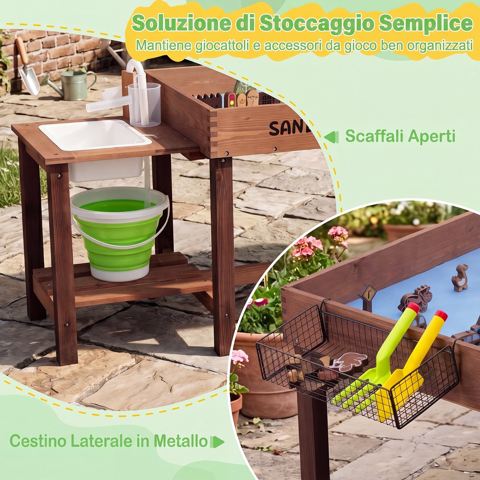 COSTWAY Sabbiera per Bambini da Esterno, in Legno con 33 Giocattoli | Tavolo Sabbiera e Acqua, Paletta e Rastrello, Tavolo Sensoriale con Pompa e Lavello Smontabile per Bambini 3+ Anni